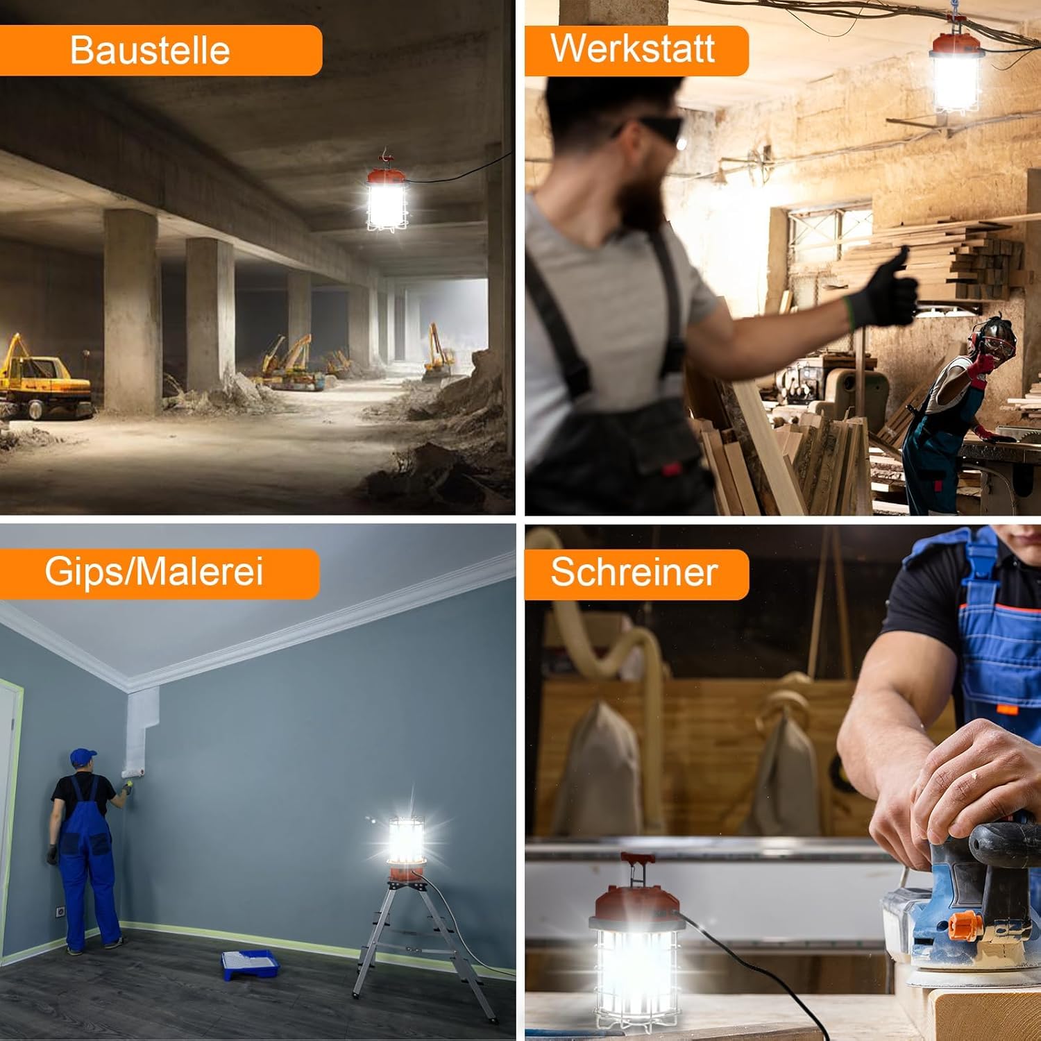 Foco LED para obras de construcción, 100 W, luz de trabajo portátil, 14000 lm, iluminación de 360°, IP64, resistente al agua (100 W, 14000 lúmenes)