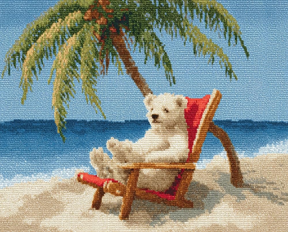 Kitquiver Rug Kits for Adults Latch Hook Pre Printed Bear Sitting On A Beach Chair DIY Crochet Yarn Embroidery Handmade Needlework with Printed Canvas for Home Decoration 39X55In