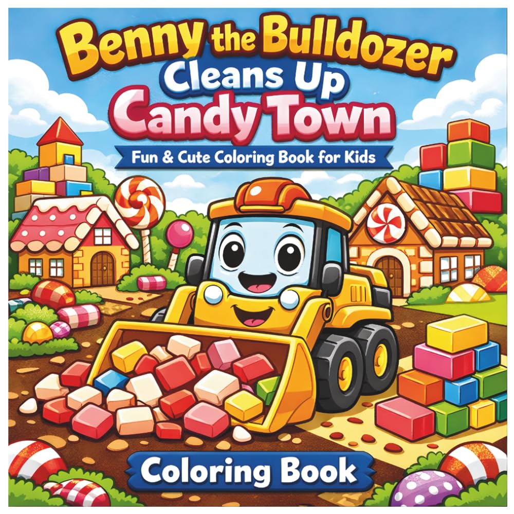 Benny the Bulldozer Cleans Up Candy Town: Cute Construction Coloring Book for Kids Ages 3–8: Fun & Easy Coloring Pages with Bulldozers, Candy Worlds, ... Lessons About Helping, Sharing, and Teamwork
