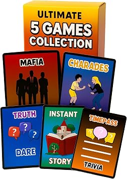 5-in-1 Party Games Mafia War, 180 Crazy Charades, 150 Trivia Questions, Hilarious Story-Building, and Unheard Truth or Dare Challenges, up to 30 Players