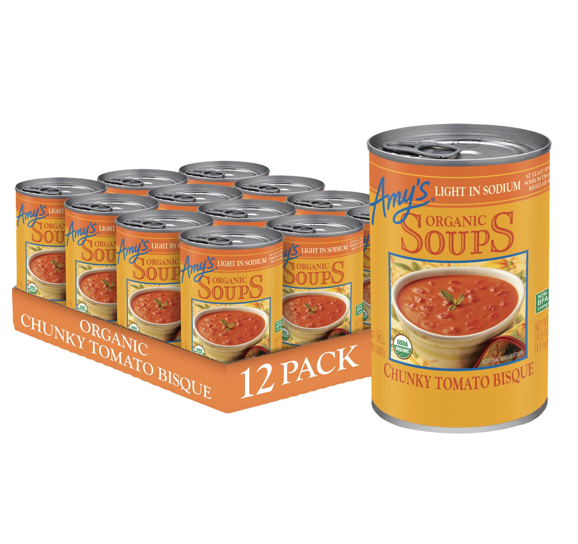 Amy’s Soup, Chunky Tomato Bisque, Light in Sodium, Gluten Free, Made With Organic Tomatoes and Cream, Canned Soup, 14.5 Oz (12 Pack)