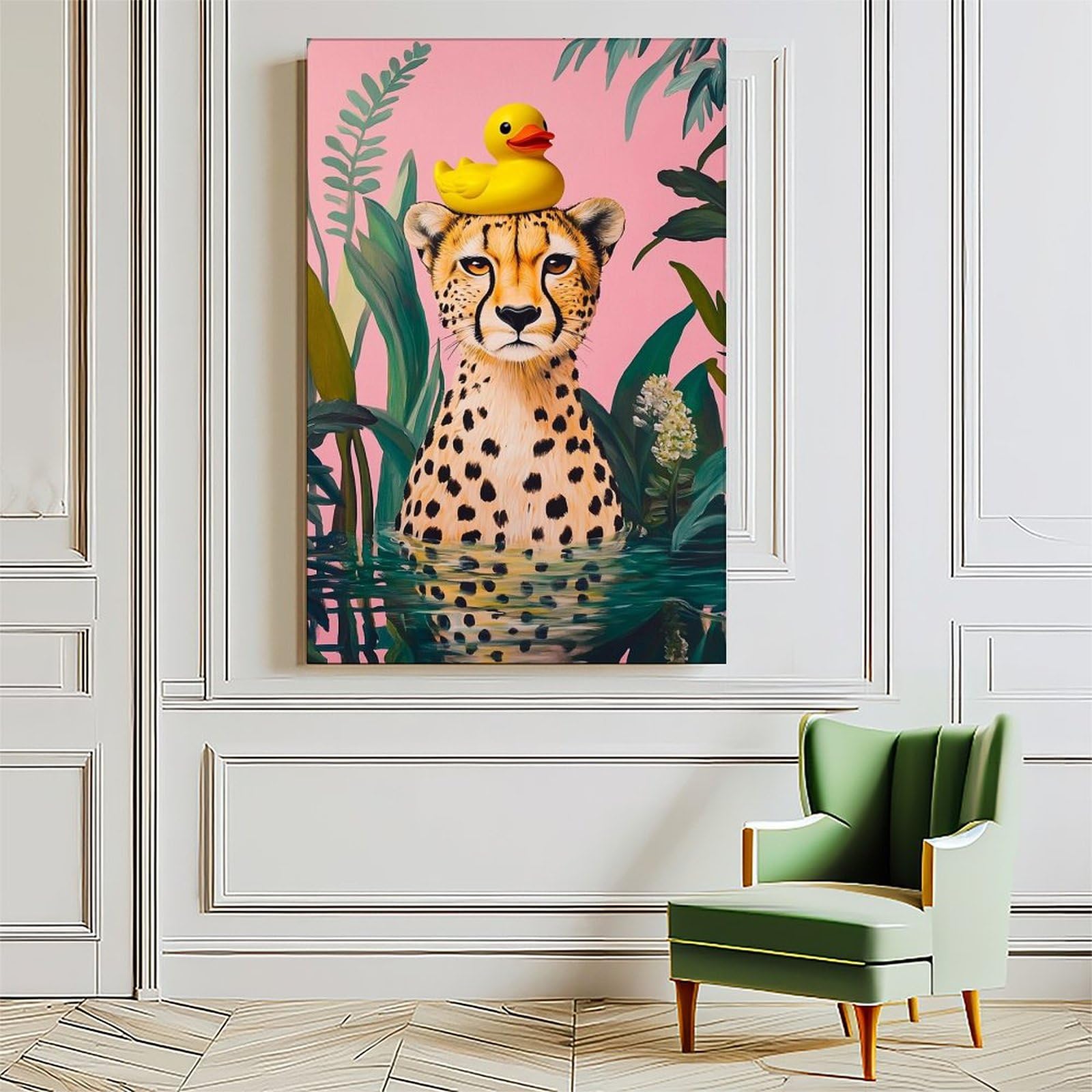PDQOE Funny Animal Bathroom Poster,Cheetah In Bath Poster,Rubber Duck Orange Pink Bathroom Print,Maximalist Wall Art Funny Animal Bathtub Dopamine Decor Colourful Leopard Painting