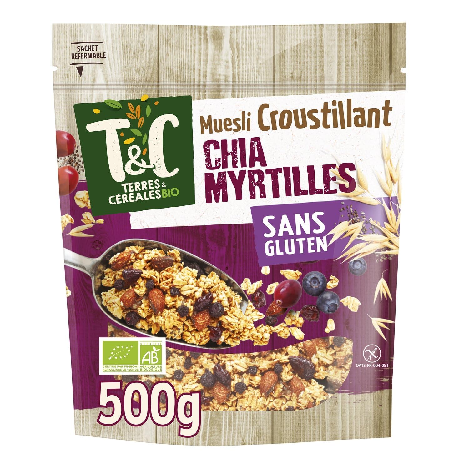 TERRES & CEREALES BIO - Céréales Muesli Croustillant Graine de Chia et Myrtille, Sans Gluten Sans Huile de Palme Bio, 500g - Lot De 3