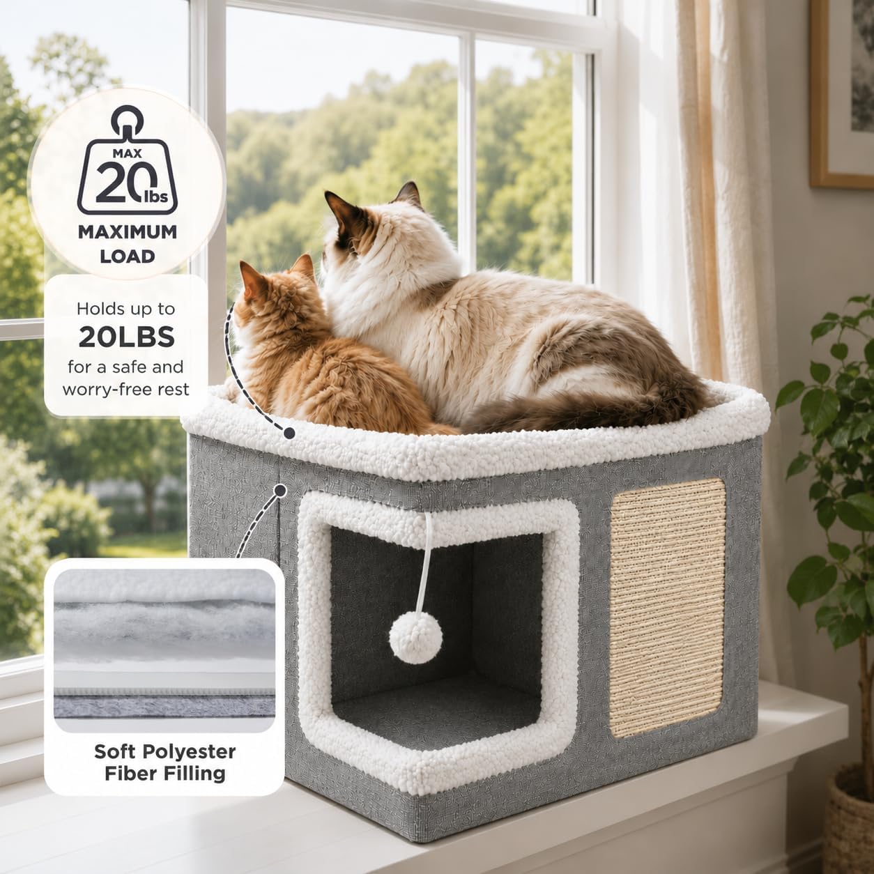 Cat Beds for Indoor Cats - Cat House Cave with Fluffy Ball and Scratch Pad, Foldable Cat Condo Hideaway with Reversible Cushion for Multi Small Large Pet, Light Grey