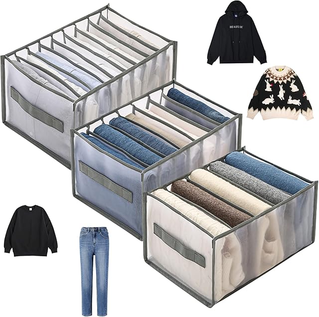 Exsivemy 3Pcs Clothes Drawer Organiser, Foldable Wardrobe Storage Organiser Drawer Dividers for Clothes, 5/7/9 Grids Washable Storage Boxes Clothes Drawer Organisers for Trousers T-shirt Sweater