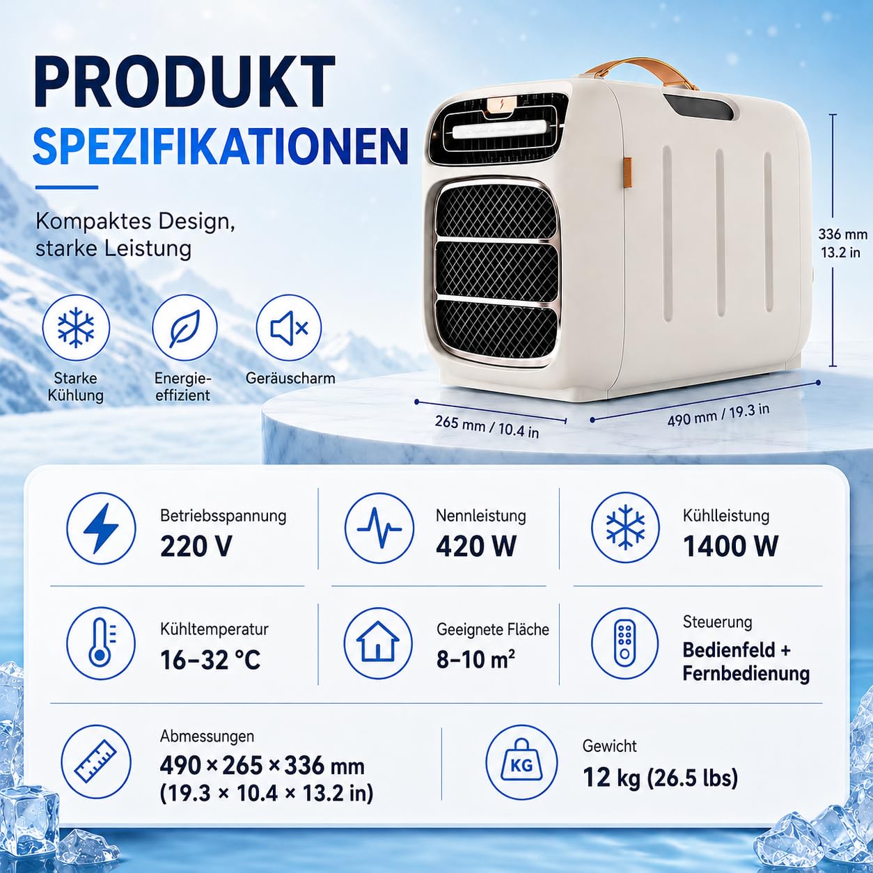 Mobile Klimaanlage für Schlafzimmer und Büro,220V (Cold) | 1400W Kühlleistung, 420W Eingangsleistung, 45 dB Leise, 1-12H Timer
