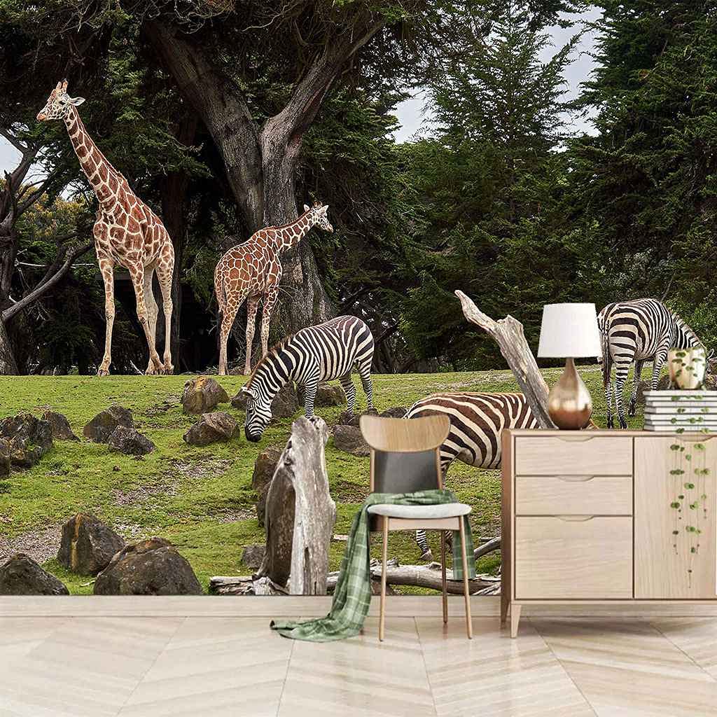 Papier Peint Animal Girafe Zèbre mural panoramique autocollant en canevas 3D pour salon 250x175 cm