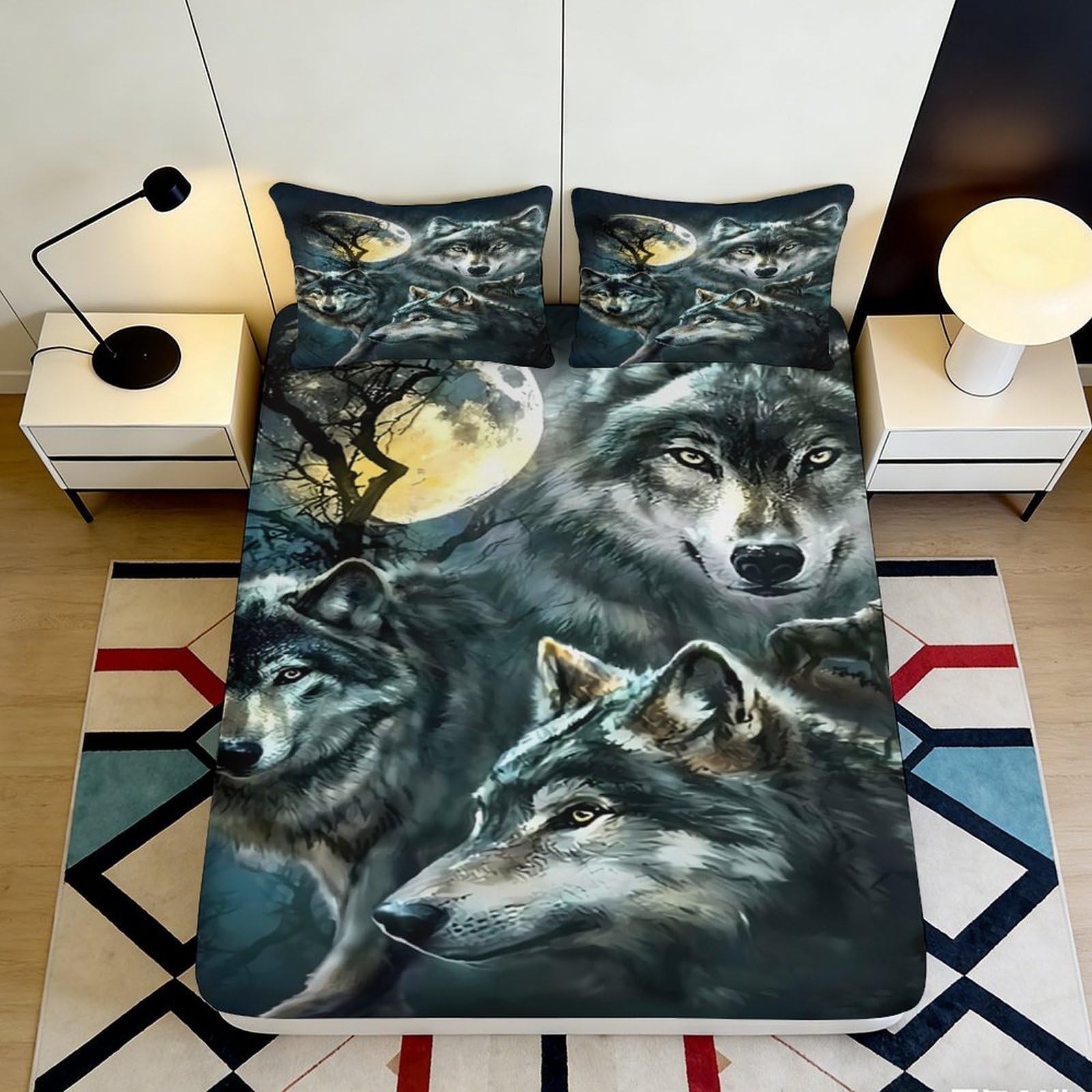 3D Printed Moonlit Wolf Fitted Sheet Microfiber Soft Anti-Slip Forest Bed Cover for Bedroom Guest Room Decor 90x200x25cm