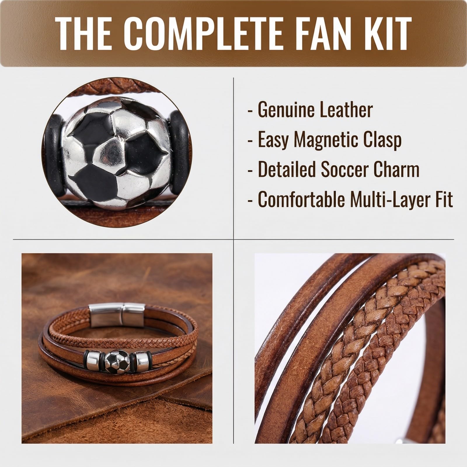 Pulsera de Fútbol en Tonos Marrones,Artículo de Fan de la Copa Mundial 2026,Pulsera de Fútbol para Niños,para Hijo,Nieto,Sobrino, Hermano,Regalos Geniales para Adolescentes