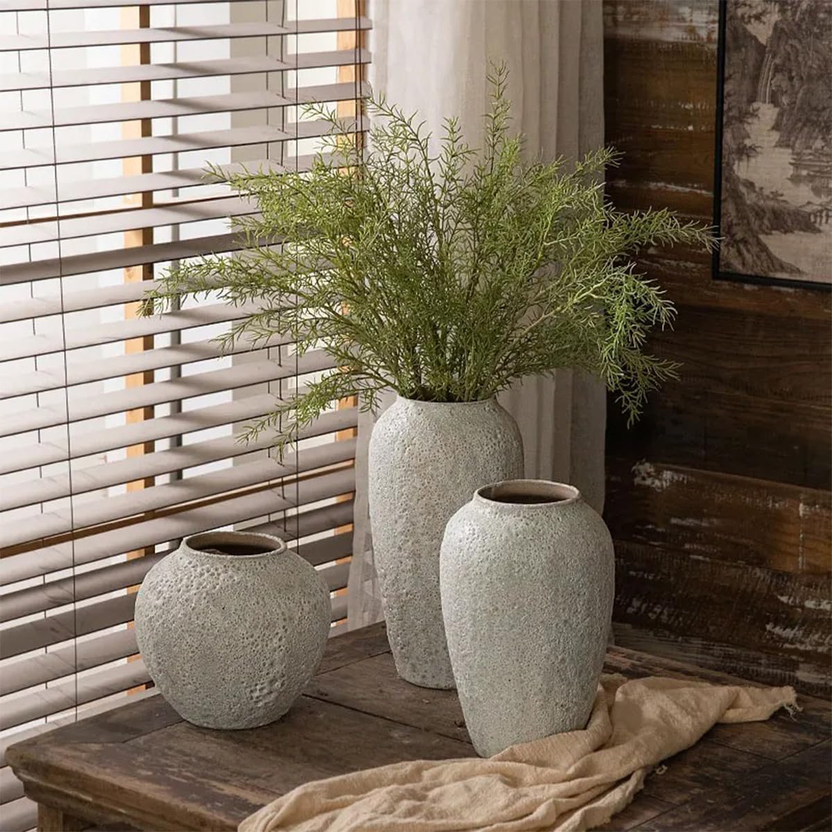 ELEFOCUS Cement Texture Ceramic Vase, Rustic Decorative Flower Planter Home Office Decoration, 7.48 x 11.41 Inch(Color:Light Gray - 7.48x9.44 Inch)