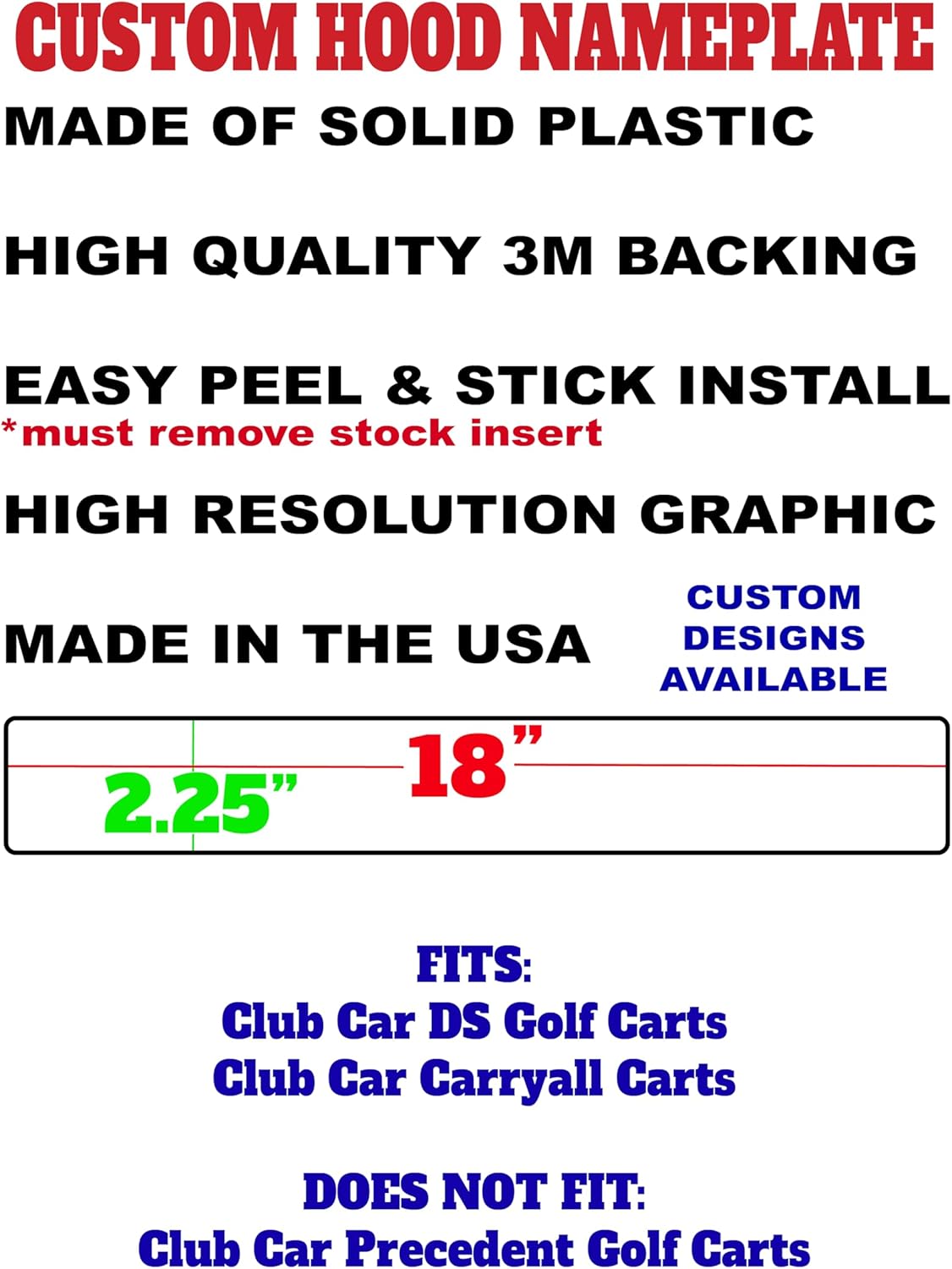 Custom Text Black Background Club Car DS & Carryall Golf Cart Front Name Plate. Fits Club Car DS & Carryall Carts. Custom Made in The USA!!