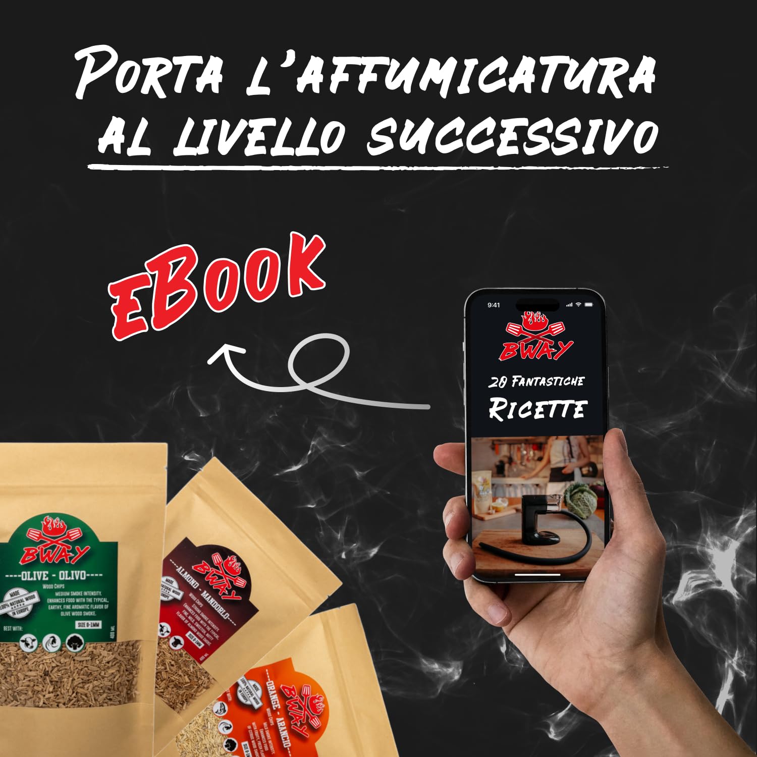 BWAY Trucioli per Affumicatura Gusto Olivo, Arancio, Mandorlo, Limone, Noce e Quercia da Utilizzare con Affumicatore da Cucina | eBook Omaggio con 20 Ricette (6 x 400 ml)