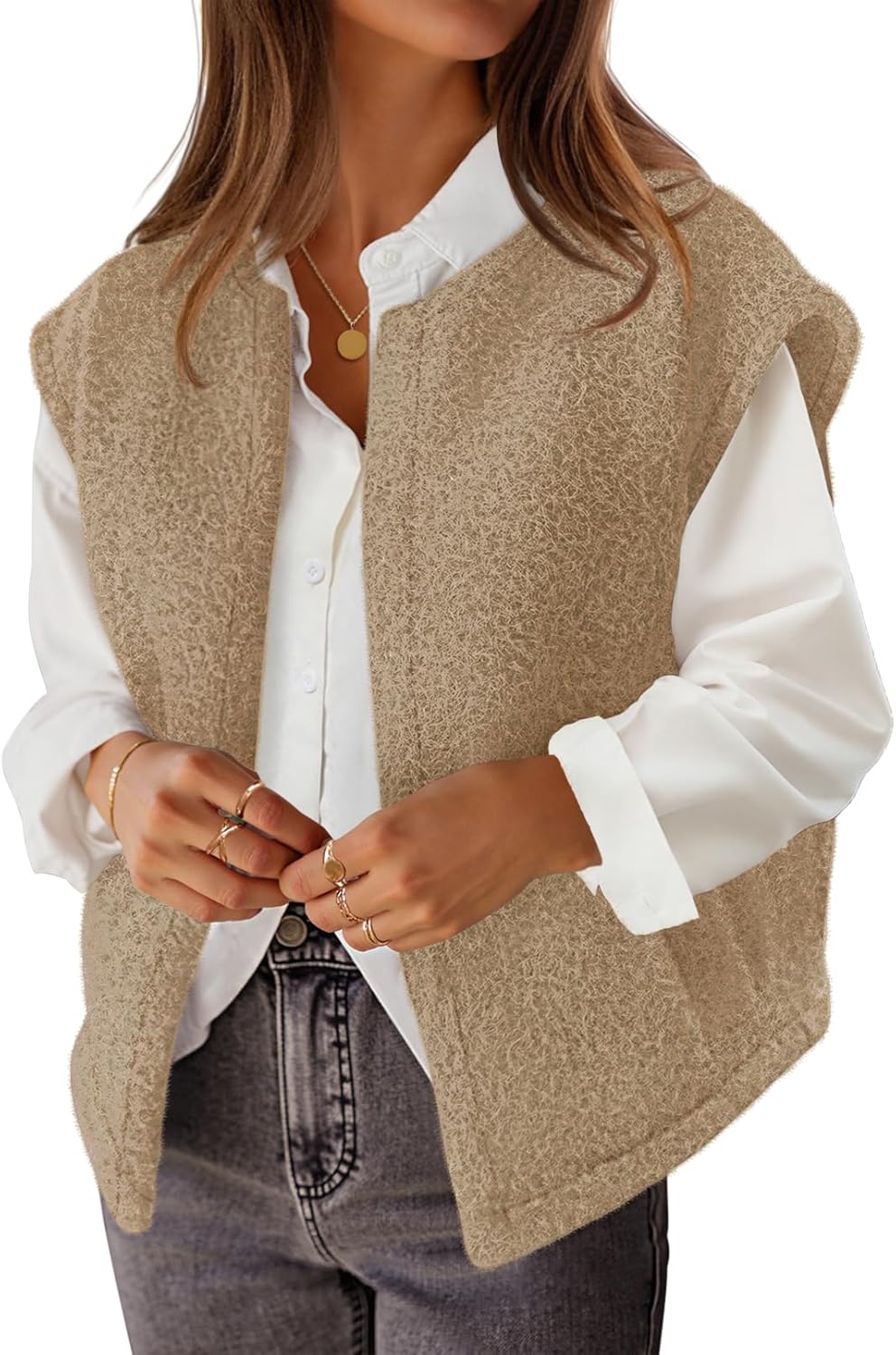 MEROKEETY Women's Sleeveless Sherpa Lined Vest 2026 Oversized Outerwear with Pockets