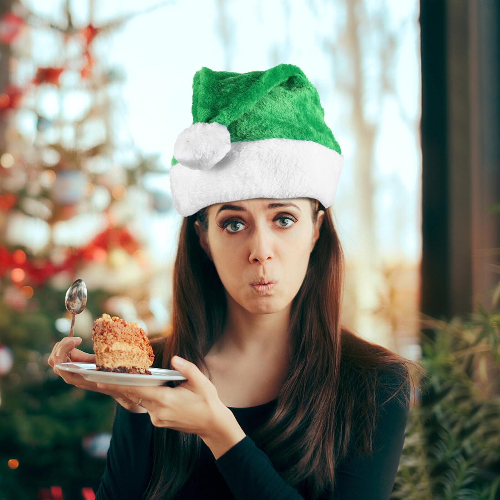 BESPORTBLE Bonnet de Noël Peluche Vert Chaud pour Adultes, Chapeau Lutin Souple pour Fête, Photographie et Fourniture de Costume