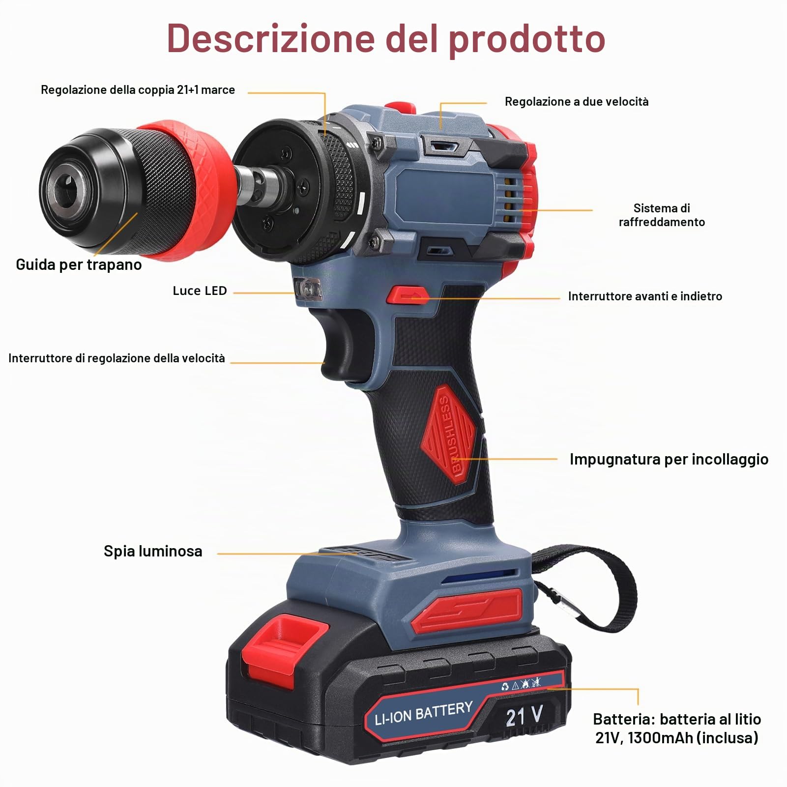 Weytoll Trapano Avvitatore Batteria 21V 2in1 Motore brushless con coppia di 55 Nm per elettrodomestici Installazione di mobili Riparazione di componenti elettronici automobilistici