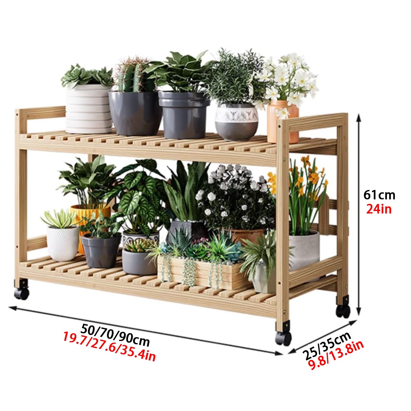 Étagère à Plantes en Bois à 2 Niveaux sur roulettes - Finition Naturelle - Convient pour l'intérieur et l'extérieur - 50 x 35 cm - Idéale pour Un Balcon, Un Salon ou Une fenêtre.