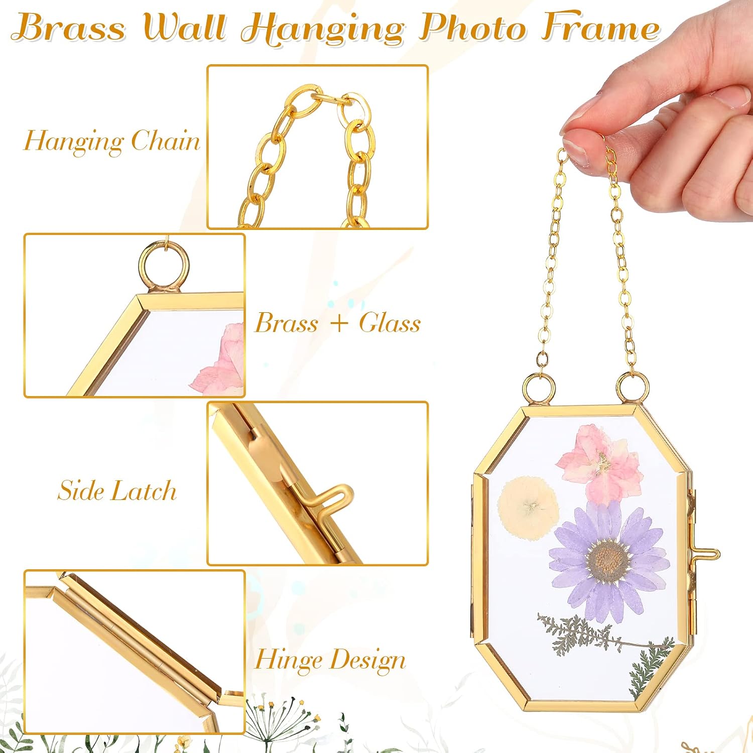 Marsui Set of 6 Double Glass Frame for Pressed Flowers 2.5 x 3.5 Inch Small Hanging Floating Glass Photo Octagon Frames for Dried Flower Picture Artwork Plant Specimen(Gold)