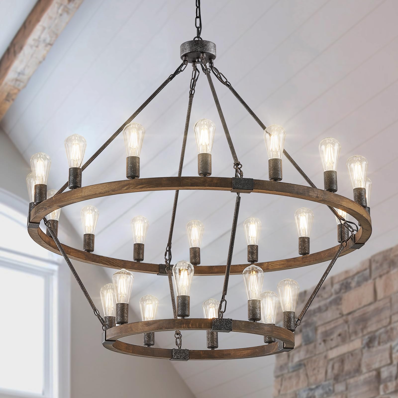 Benkut 2 tier farmhouse wagon wheel chandelier with walnut wood accents