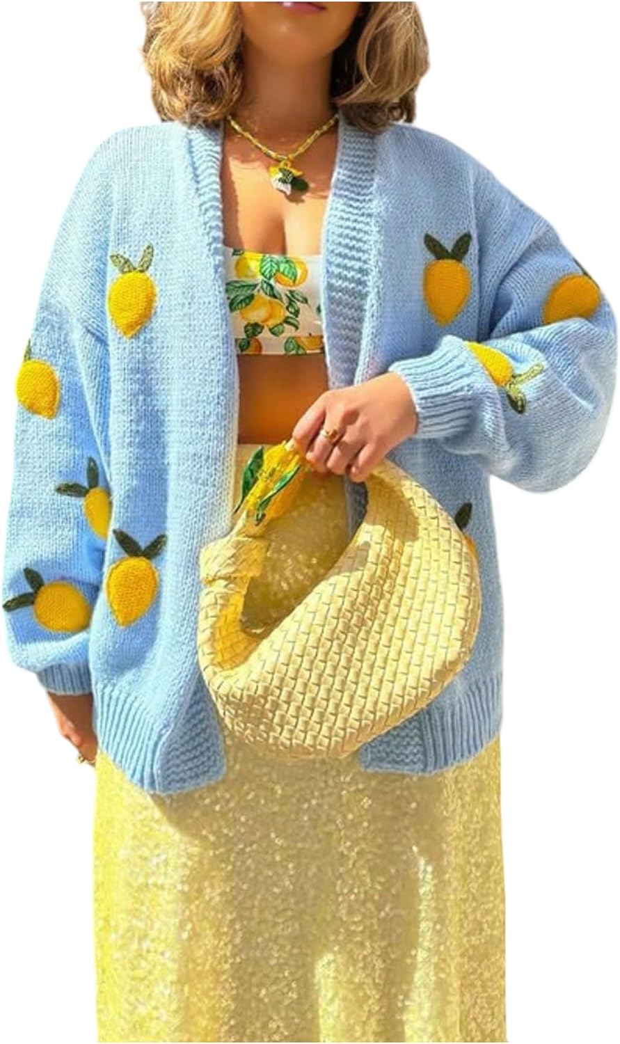 Women's Lemon Cardigan Sweater Open Front Cardigan Oversized Sweaters Long Sleeve Drop Shoulder Knit Top