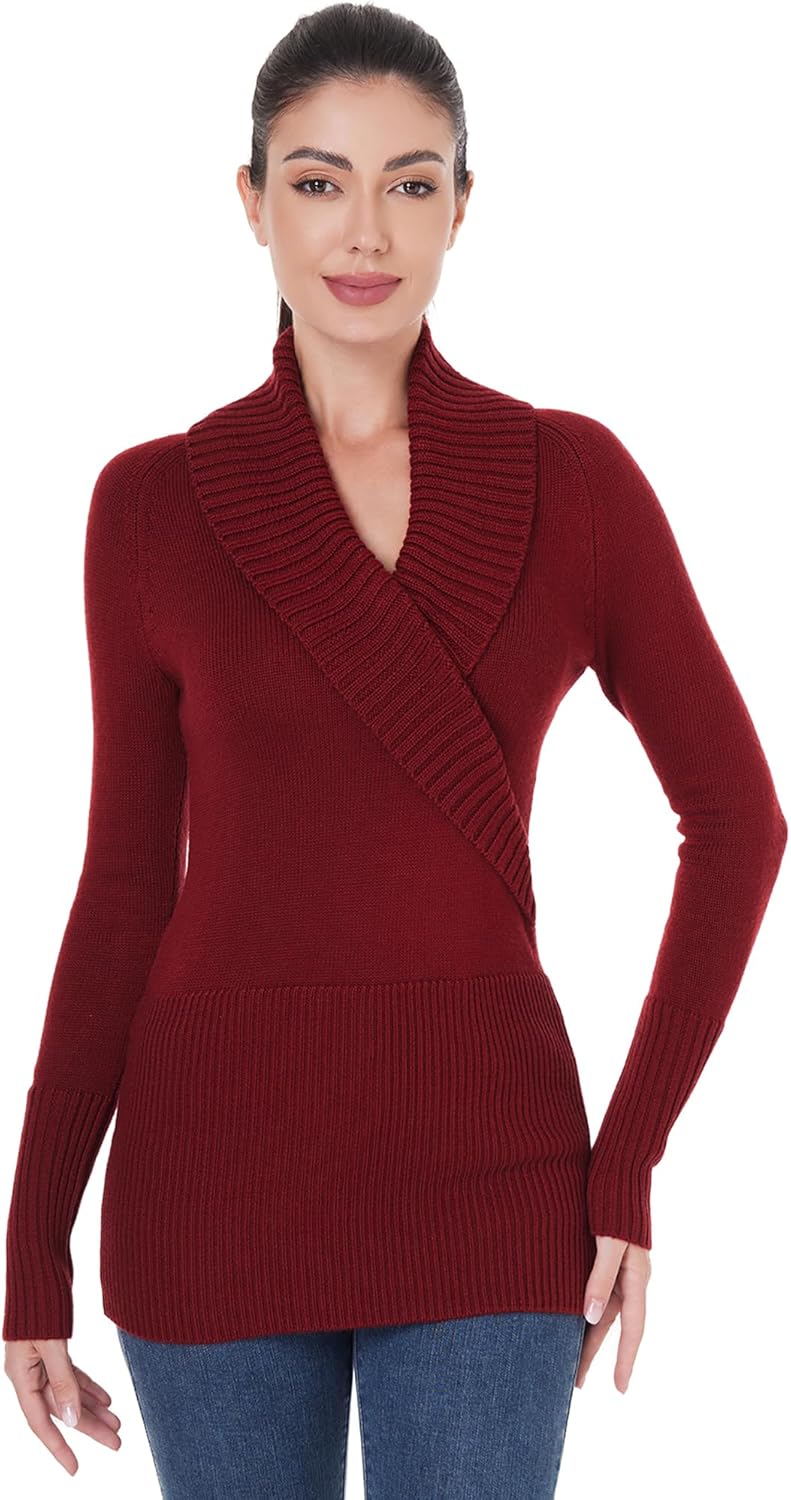 AmélieBoutik Women Shawl Collar V Neck Faux Wrap Ribbed Knit Long Sleeve Tunic Sweater