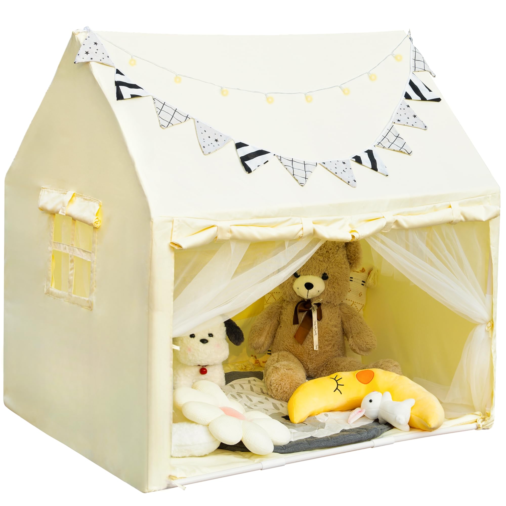 Kids PlayTent with 2 Built-in Storage Organizer Star Lights Mat Kids Tent Indoor DIY Decoration Playhouse for Toddler Boy and Girl Christmas Birthday