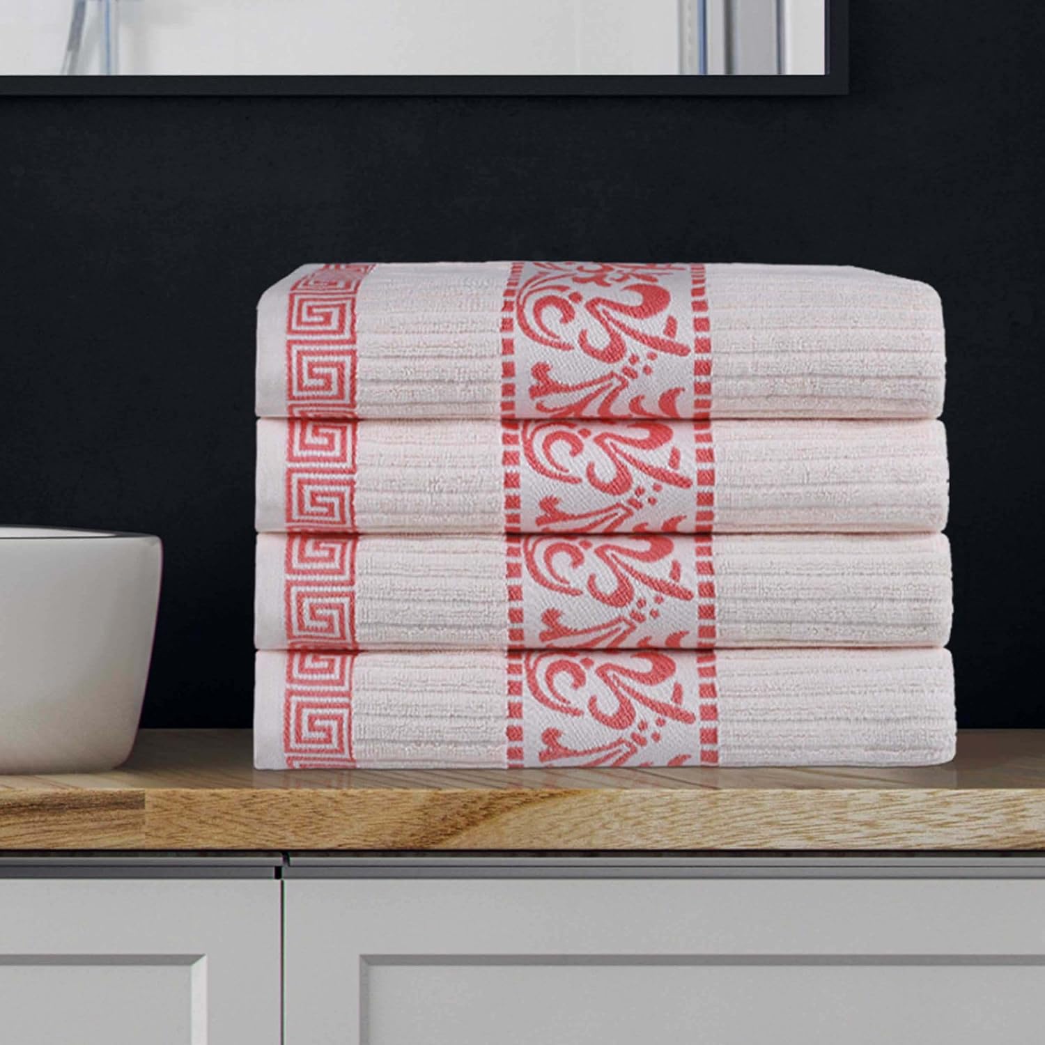 Superior 4-Piece Bath Towel Set, Greek/Floral Decor for Bathroom, Guest Bath, Spa, Resort, Home Essentials, Absorbent Cotton, Adults and Kids, Fast Drying Towels, Athens Collection, Ivory-Coral image 2