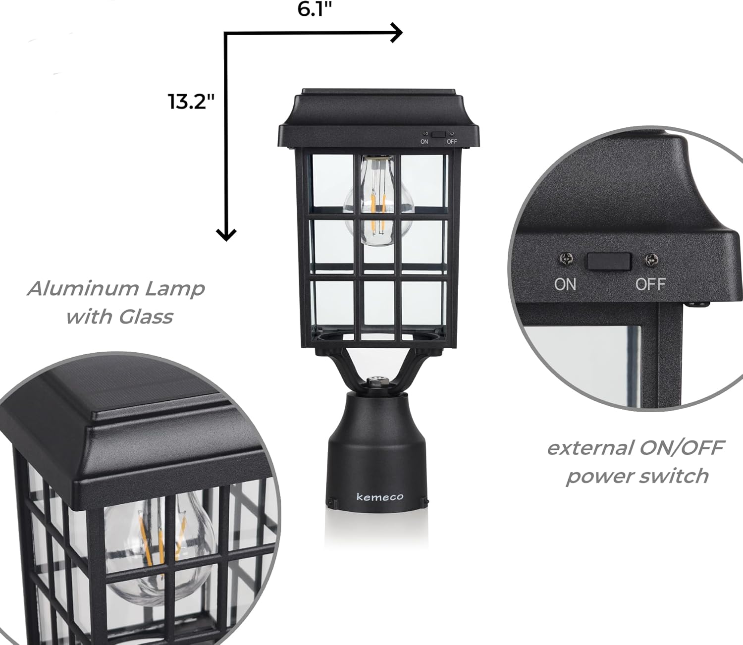 Kemeco ST4329Q-A Solar Post Light Squared Frame Exterior Waterproof Led Fixture for Outdoor Garden Street Post Pole Yard Driveway Walkway Entryways (Flat Roof)
