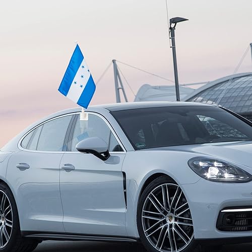 Miniatura 7 de Paquete de 2 banderas de automóvil, bandera de Honduras para exteriores con bandera hondureña y mástil, el clip para ventana con logotipo de