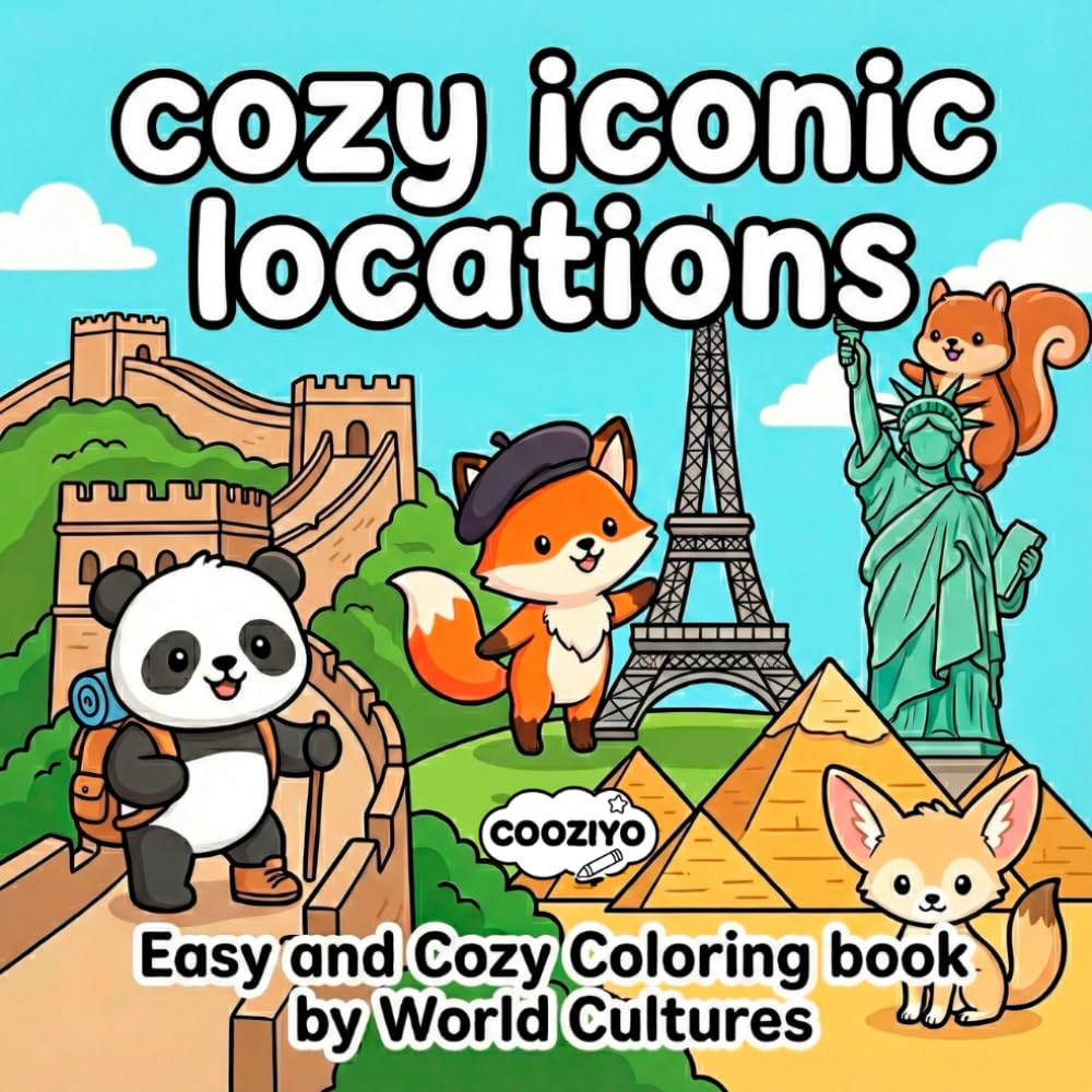 Cozy iconic Locations: Bold and Easy Around the World Coloring Book Cute Animals at Famous Landmarks and Iconic Places for Stress Relief
