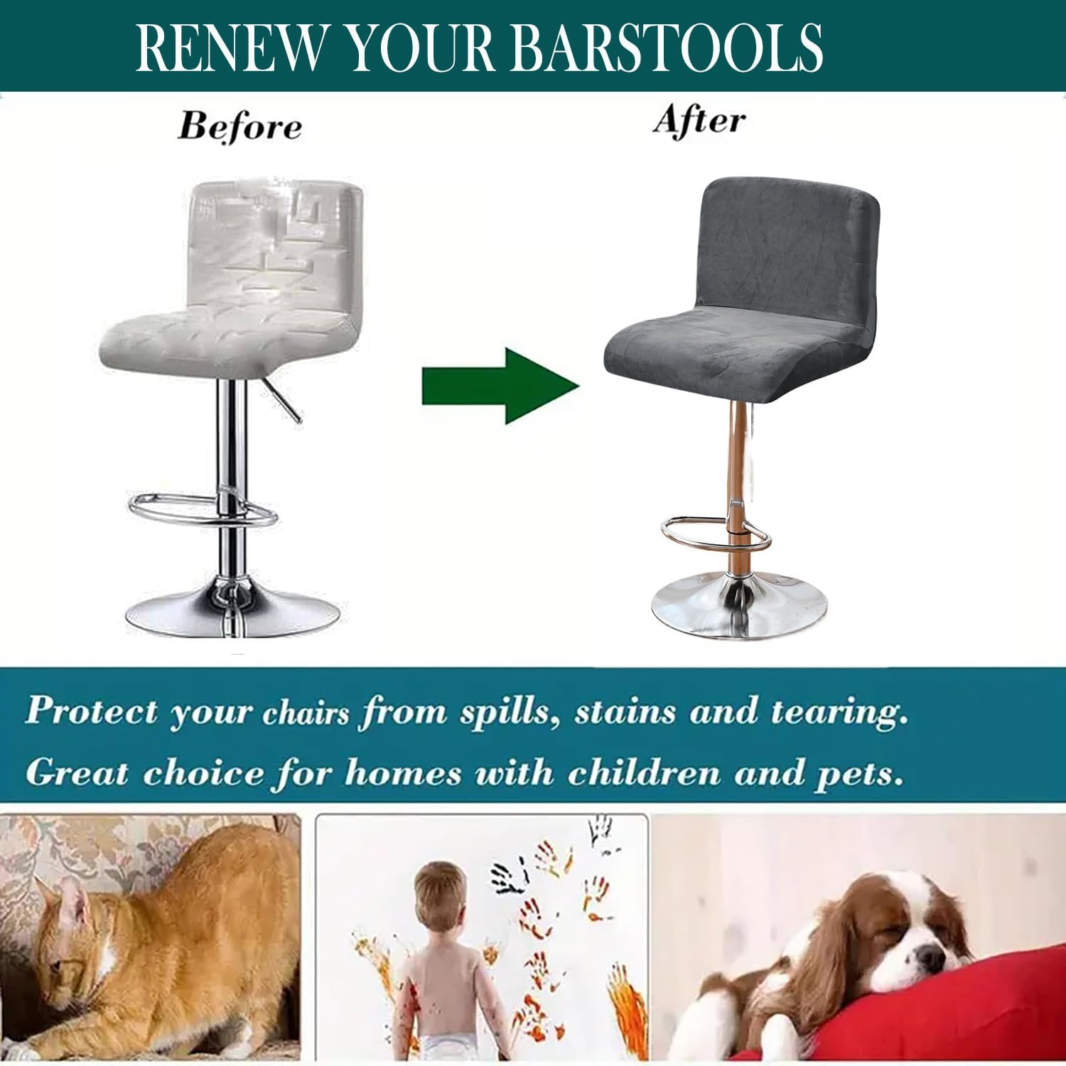 Stretch Bar Stool Chair Slipcover Set of 2/4/6 Velvet Dining Bar Chair Covers Low Back Removable Washable Counter Stools Protective Cover for Kitchen Counter Cafe Chairs,Dark Green,6pcs