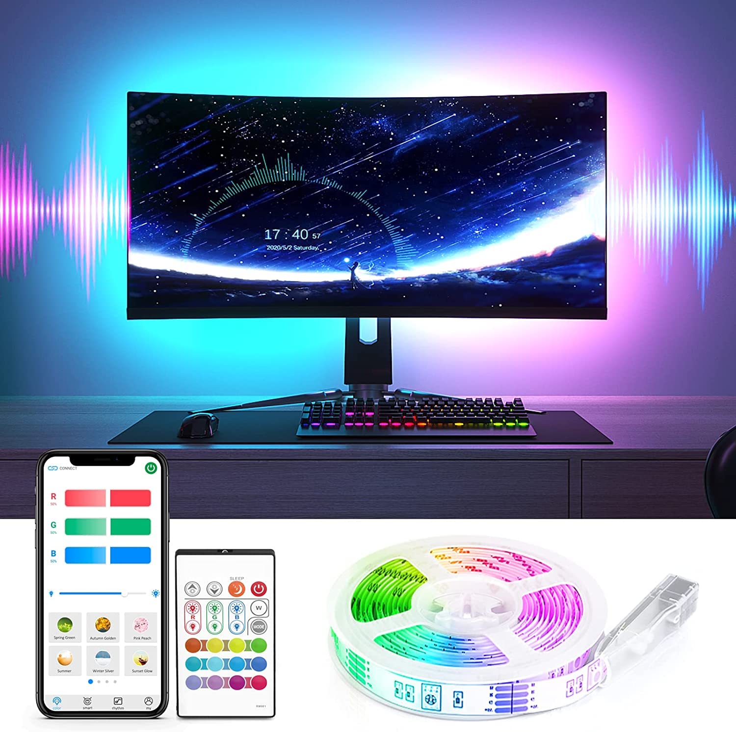 Bluetooth TV LED Backlights, Bason 2.5m USB Led Strip Light for 32-58 inch App Control Music Sync, Smart TV Bias Lighting with Remote, 5050 RGB Strip Light for TV PC Monitor Computer Ambient Lighting