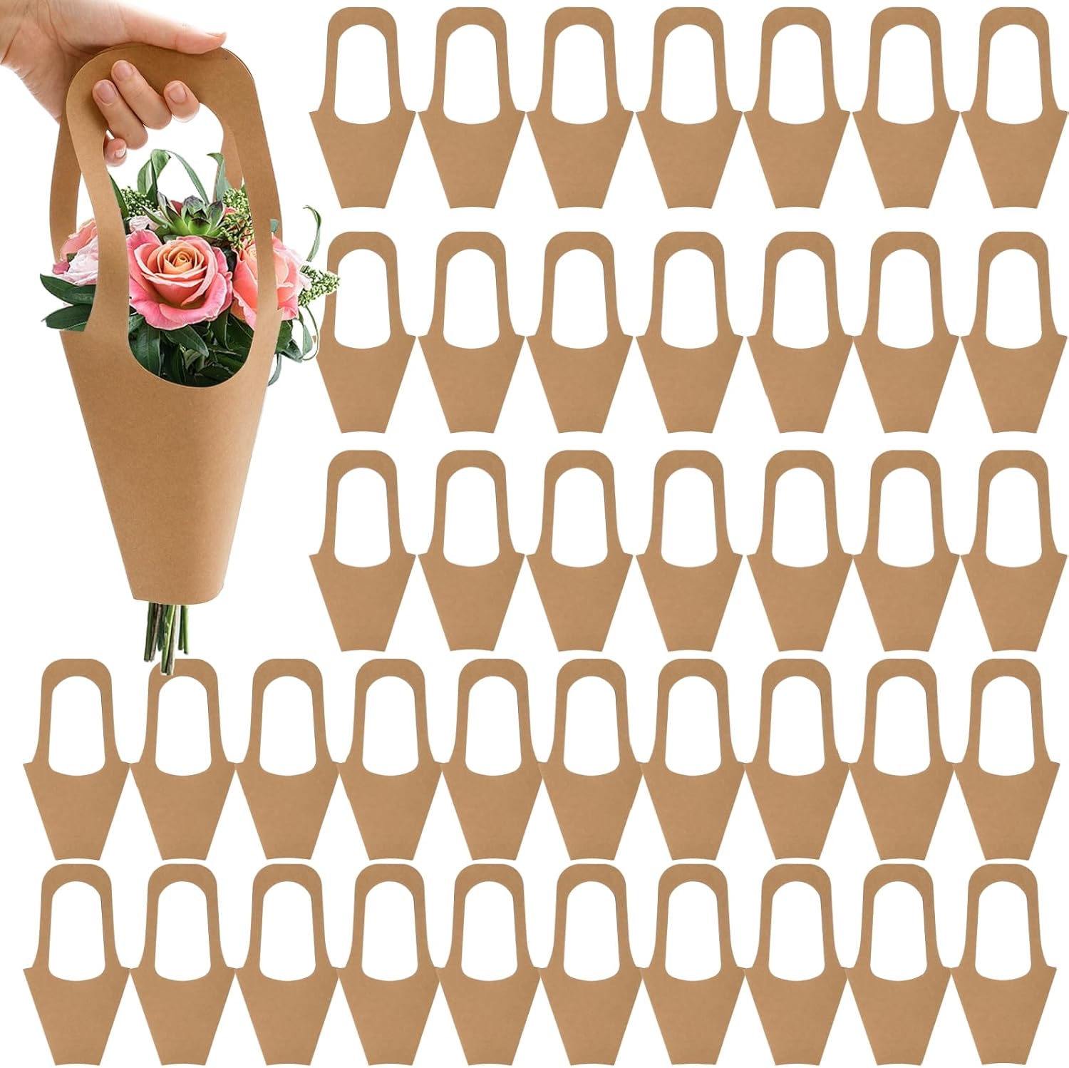 ZOOFOX 50 Pack Flower Bouquet Bags with Handle, Kraft Paper Flowers Gift Bags, Brown Paper Flower Wrapping Bags for Flower Arrangement Florist Shop Packaging Supplies