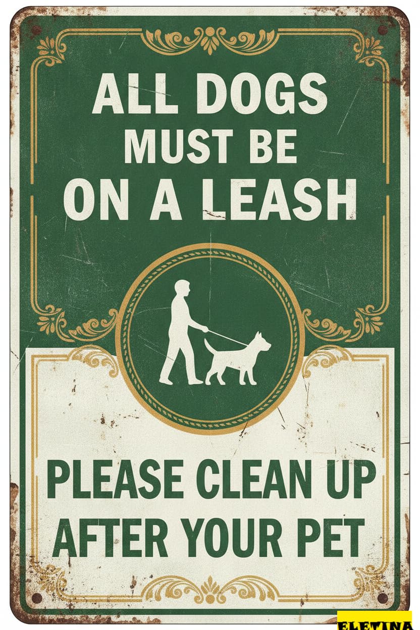 All Dogs Must Be On Leash Metal Tin Warning Sign Floor Road Street High Way Gate Decor 8x12in