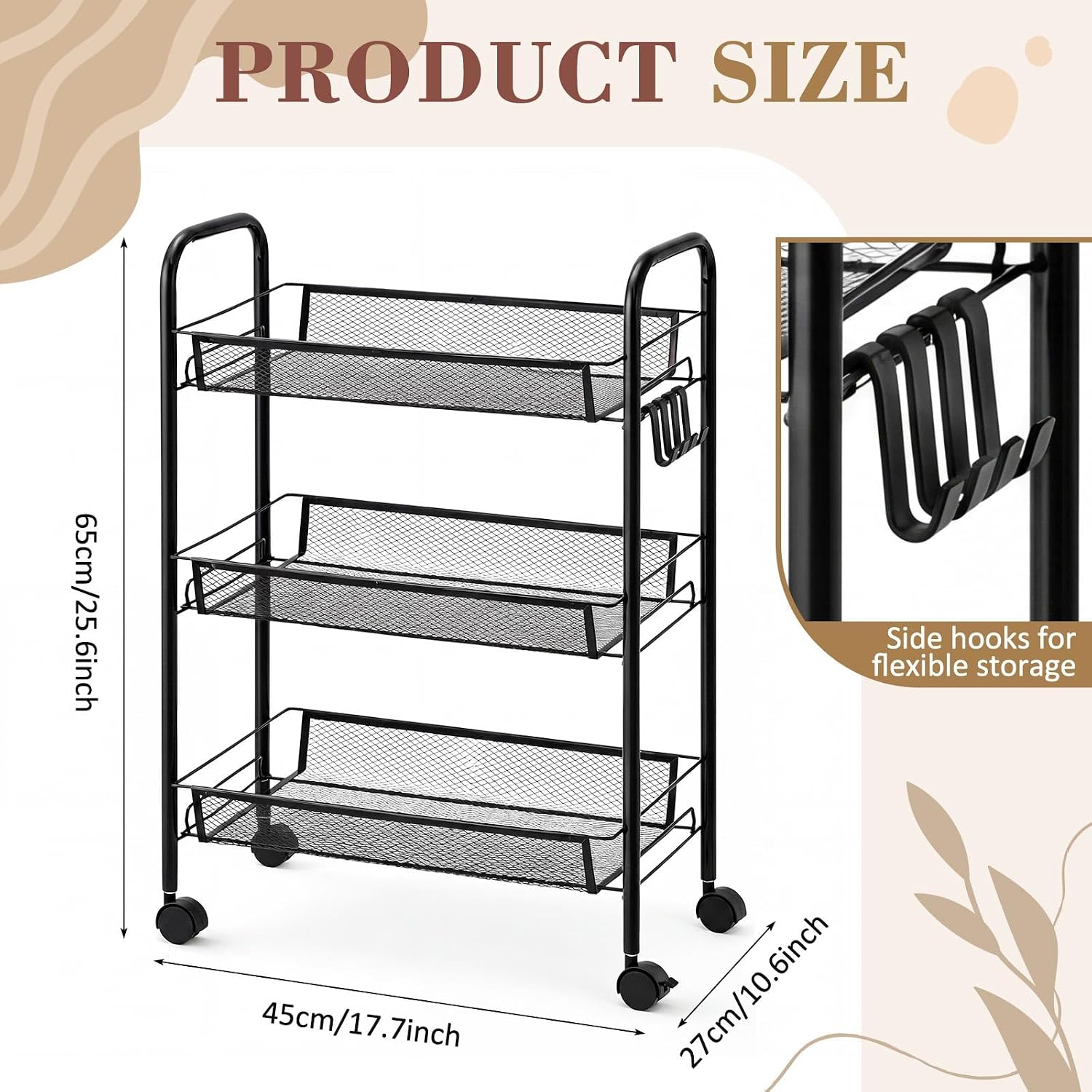 Maxdot 2 Pack 3-Tier Rolling Pantry Floor Organizer, 25.59" x 17.72" x 10.63", Stackable Wrought Iron Storage Cart with Wheels for Kitchen Basket Stand and Storage Rack for Fruit Onion Potato