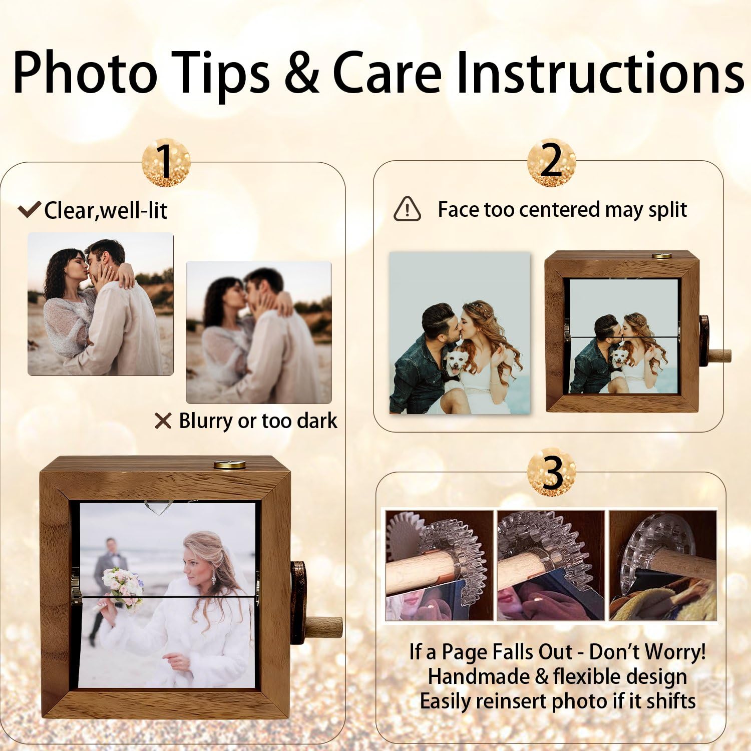 Caja de fotos mecánica giratoria personalizada, caja de fotos con manivela grabada personalizada, caja de fotos personalizada para boda, caja de historia de amor