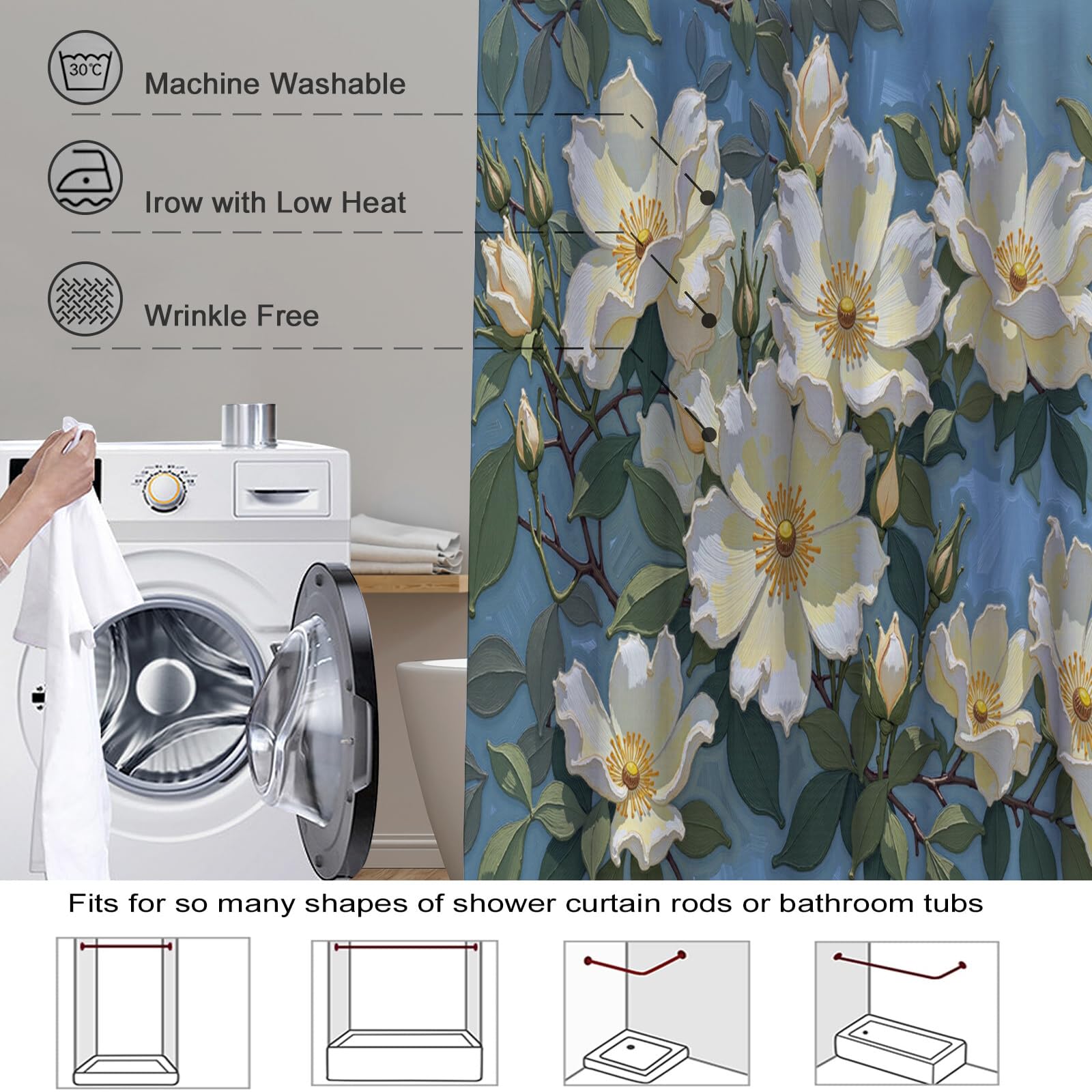 Rideau Douche,Rideau Baignoire Lavable en Machine Rideaux Douche Tissus Lavable Rideau De Baignoire Lavable pour Salle De Bain Domicile Baignoire Famille,Roses Feuilles Vertes,