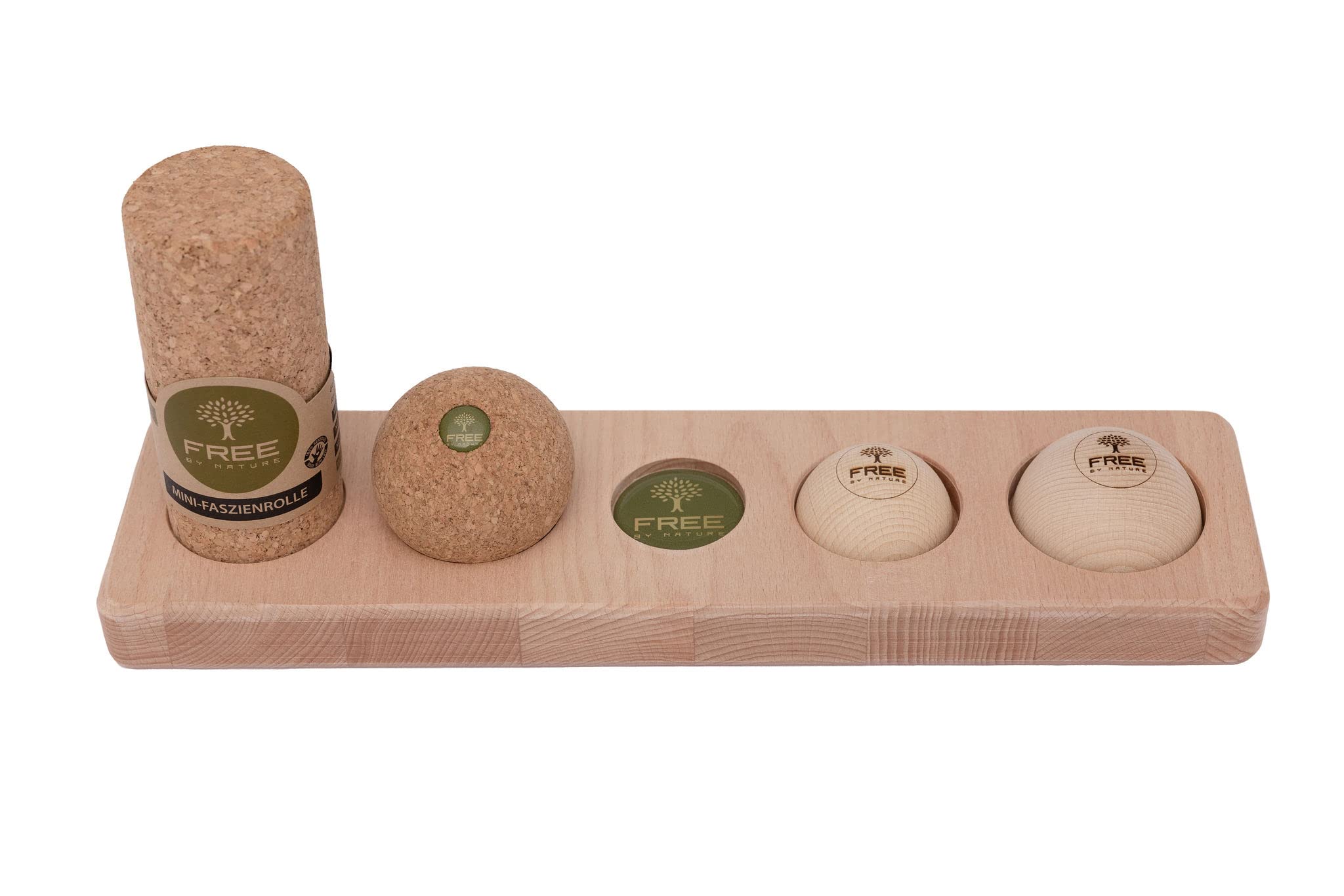 Fußtrainerset | Minifaszienrolle sowie Kugel aus Kork und Triggertool Set aus Holzhalbkugeln 5 & 6 cm | 4-teiliges Set Faszienball und Massagerolle mit Holzständer | inkl. Beutel
