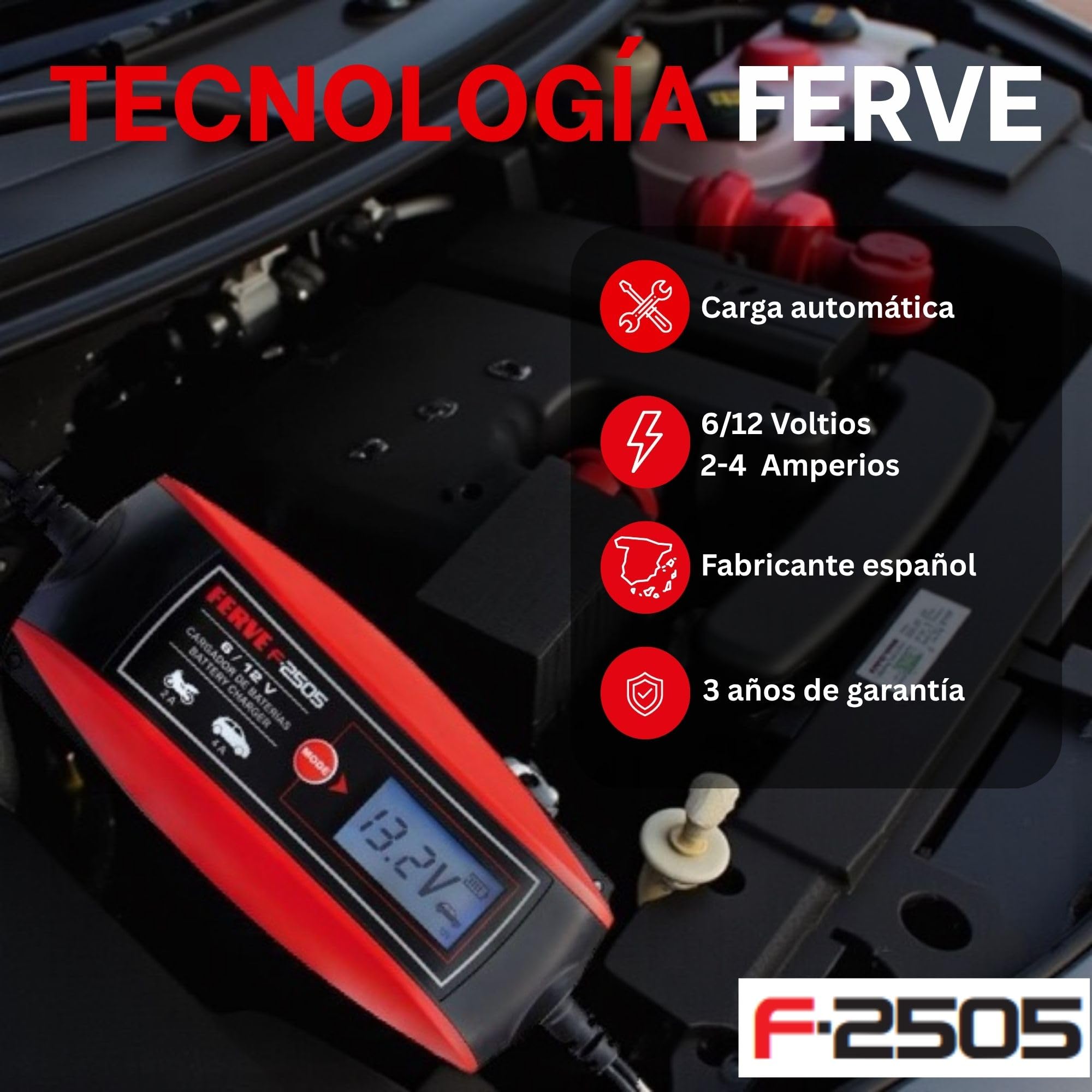 Ferve F-2505 Cargador de baterías, Negro, Rojo