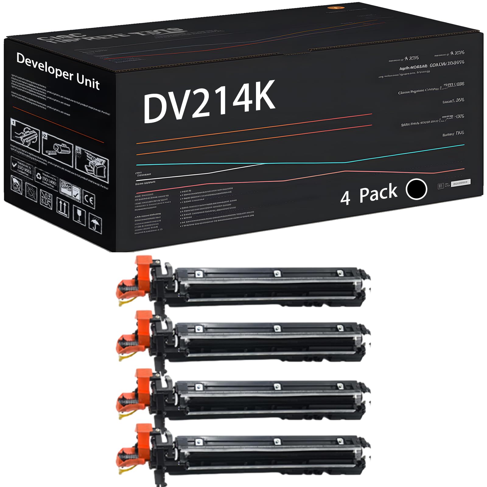 DV214K Developer Unit Compatible for Konica Minolta bizhub C227 bizhub C287 Printers, with Chip, High Yield 44000 Pages, High-Definition Printing (4 Pack Black)