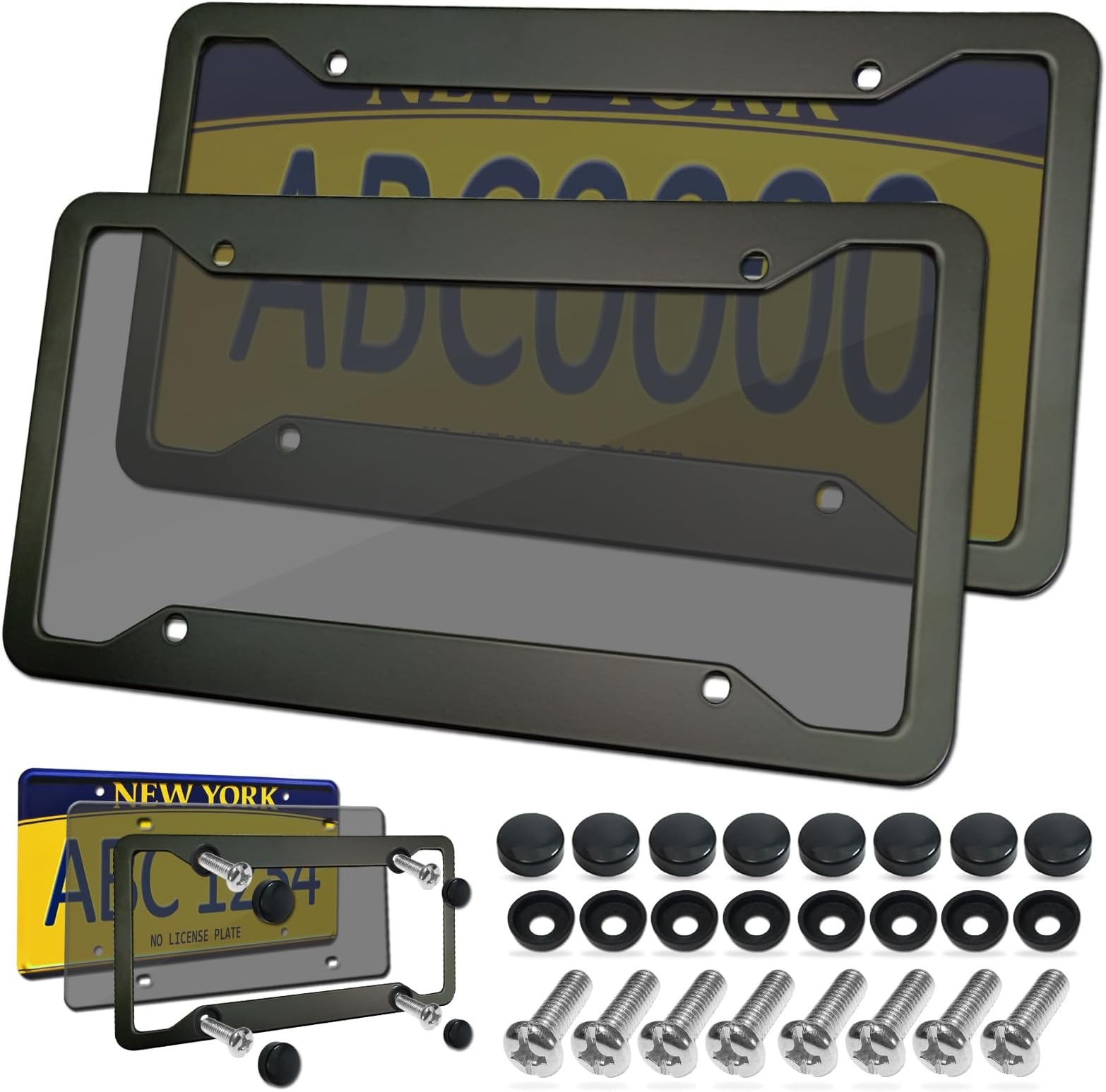 BGGTMOLicense Plate Frames Covers - Unbreakable Front Rear Car Plate Protector, Flat Car Tag & Black Aluminum Frame Holder with Screws Caps, 2 Sets
