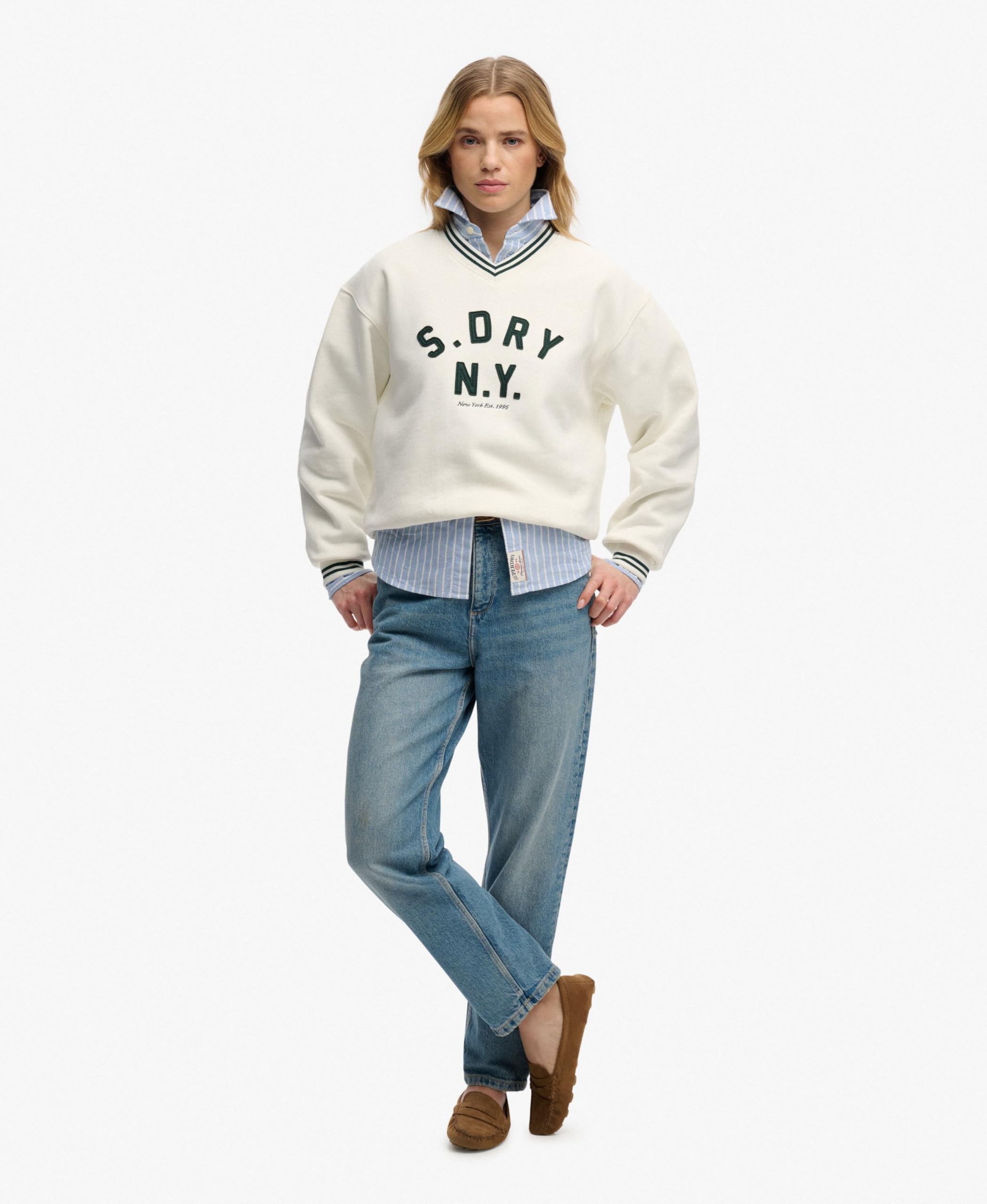 Superdry Country Club Sweat-shirt à col en V pour femme avec application Crème 38