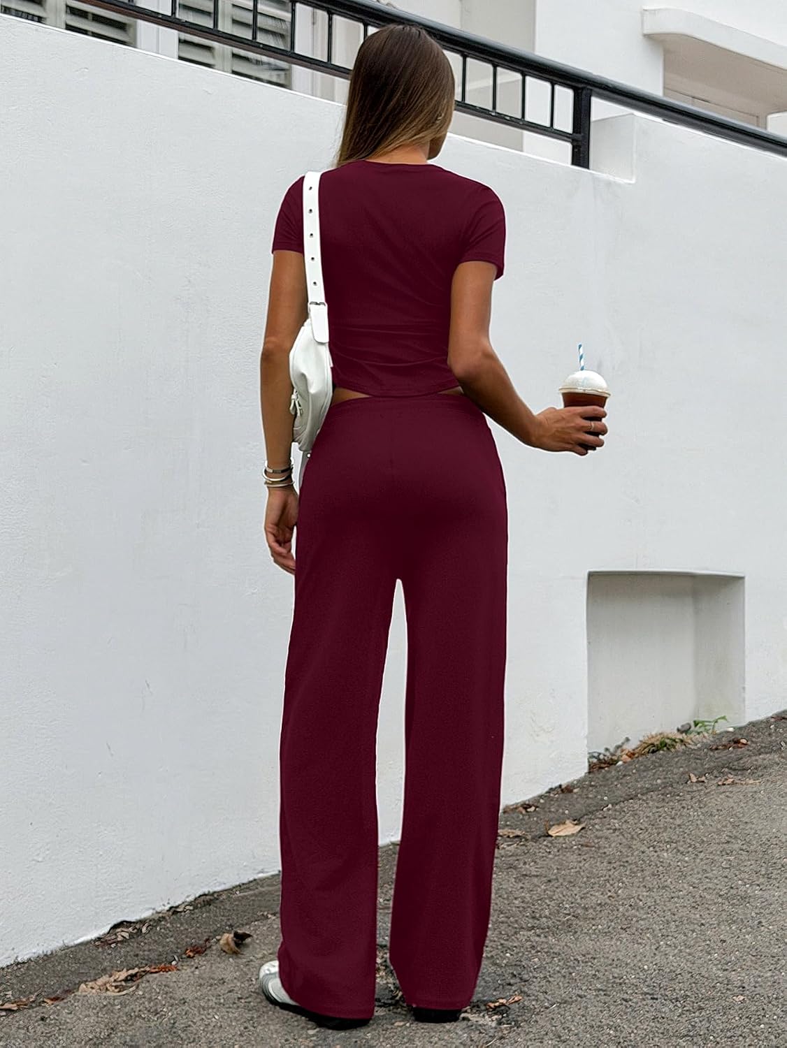 AYWA 2 Piece Lounge Sets for Women Fitted Tee Wide Leg Pants with Pockets image 3