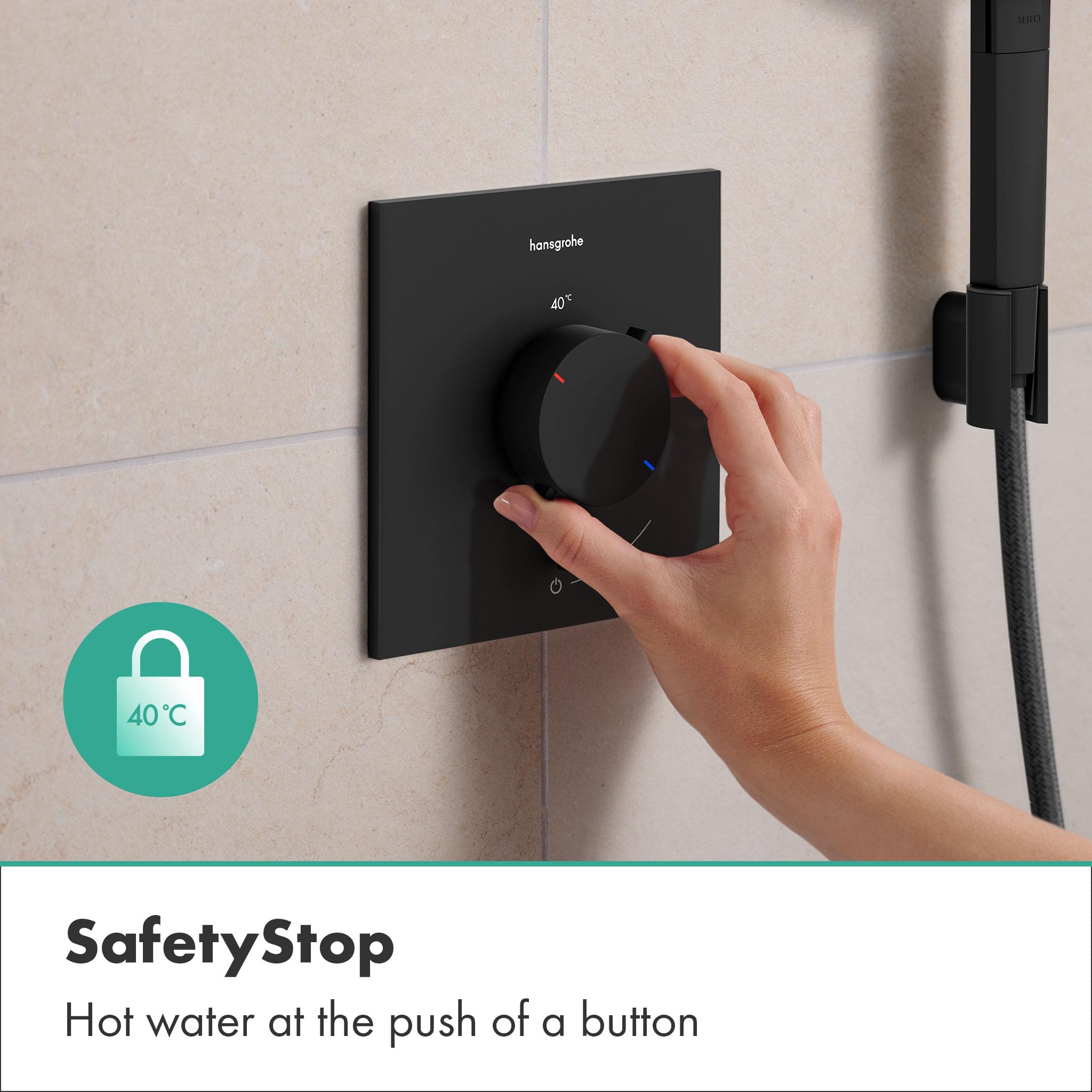 hansgrohe Ecostat Comfort E - termostato para ducha empotrado, grifo ducha con botón de seguridad (SafetyStop) a 40 °C, mezclador para 1 función, negro mate, 33710670