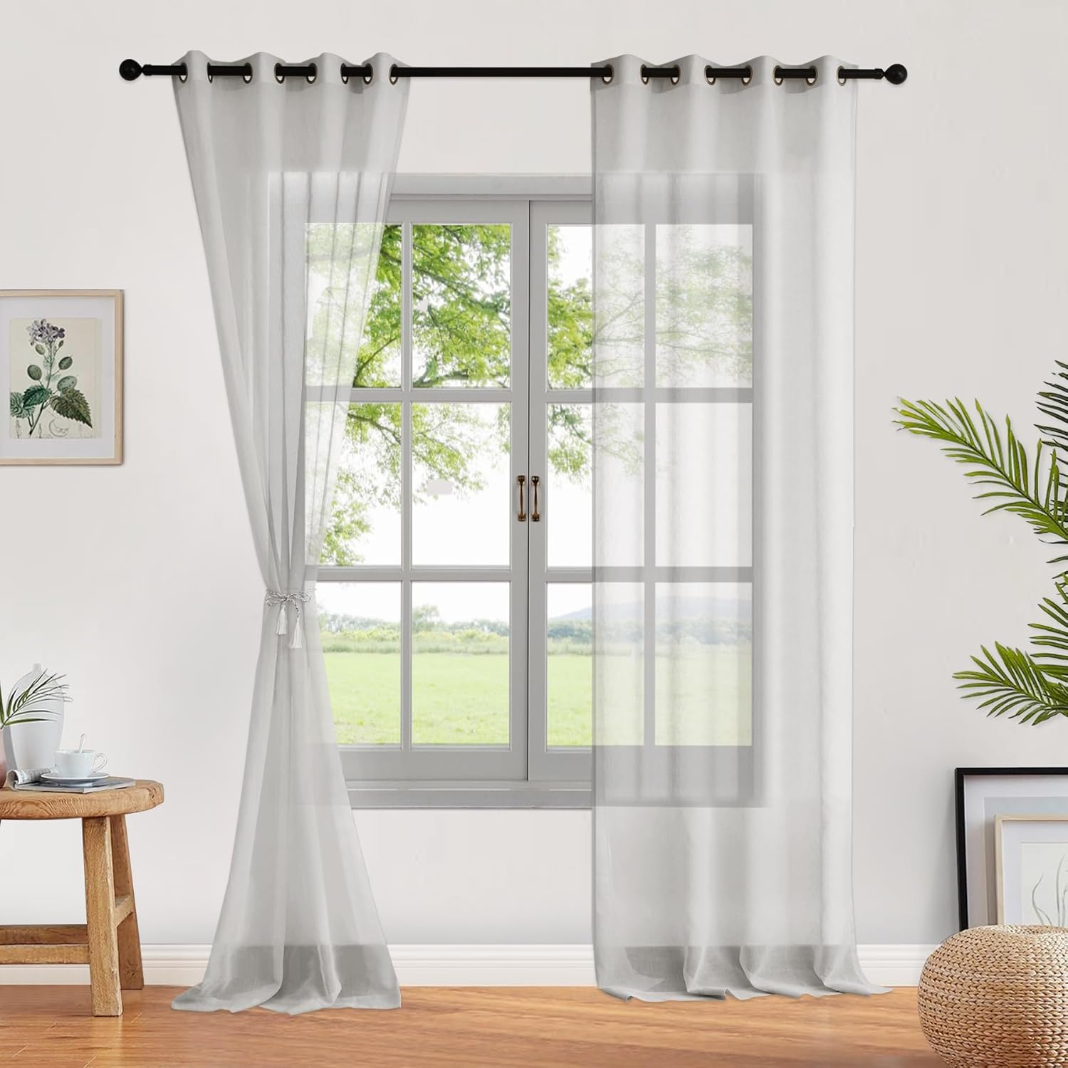 Fcosie Semi Sheer Linen Curtains Stripe Texture W70 xL72 (2 PCS) / Silver Grey Linen Look Grommet Drape/Transparent Burlap Linen Textured Light Filtering Curtains Window Treatments for Dining Room