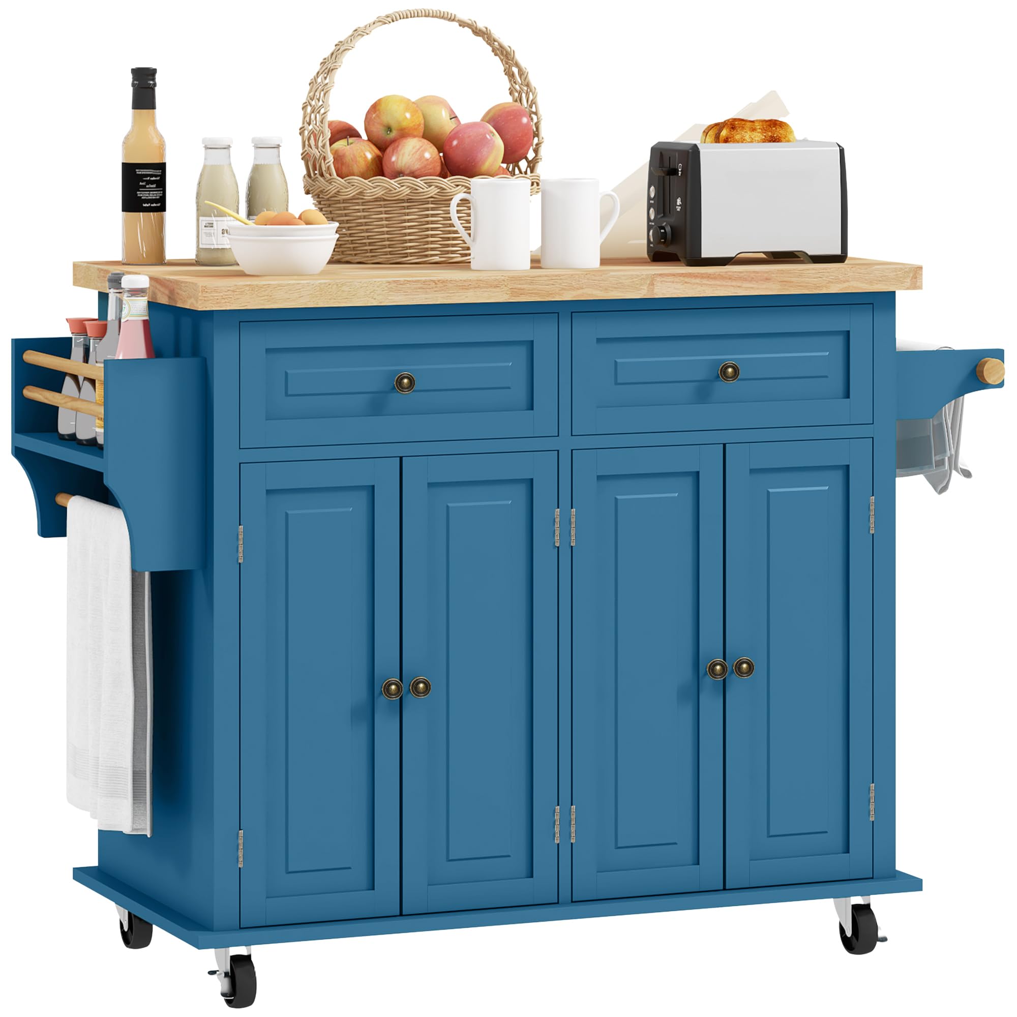 HOMCOM Kitchen Island Cart on Wheels with Solid Wood Top, 44" Turquoise