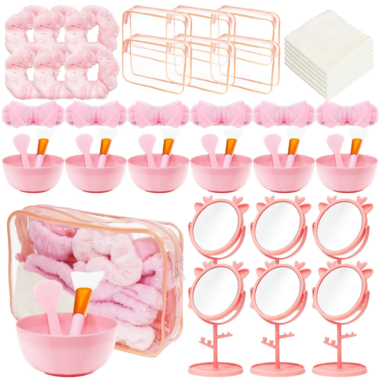 Juego de 48 kits spa rosa – estuche spa para mujer 6 personas con cuencos de máscara, pinceles, espátulas, espejos, estuches de maquillaje, bandas, cochus, toallas para noche de pijama, cumpleaños