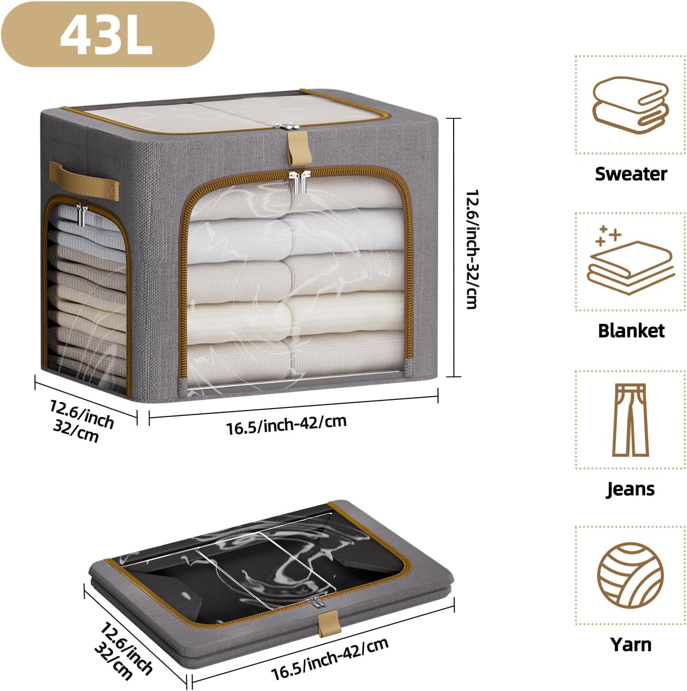 CYhom Clothes Storage Bins with Metal Frame,3 See-Through Windows Openings Clothing Storage Bin,3 Pack Foldable Storage Bins Boxes for Closet (Dark Grey, 43L-16.5 x 12.6 x 12.6IN)