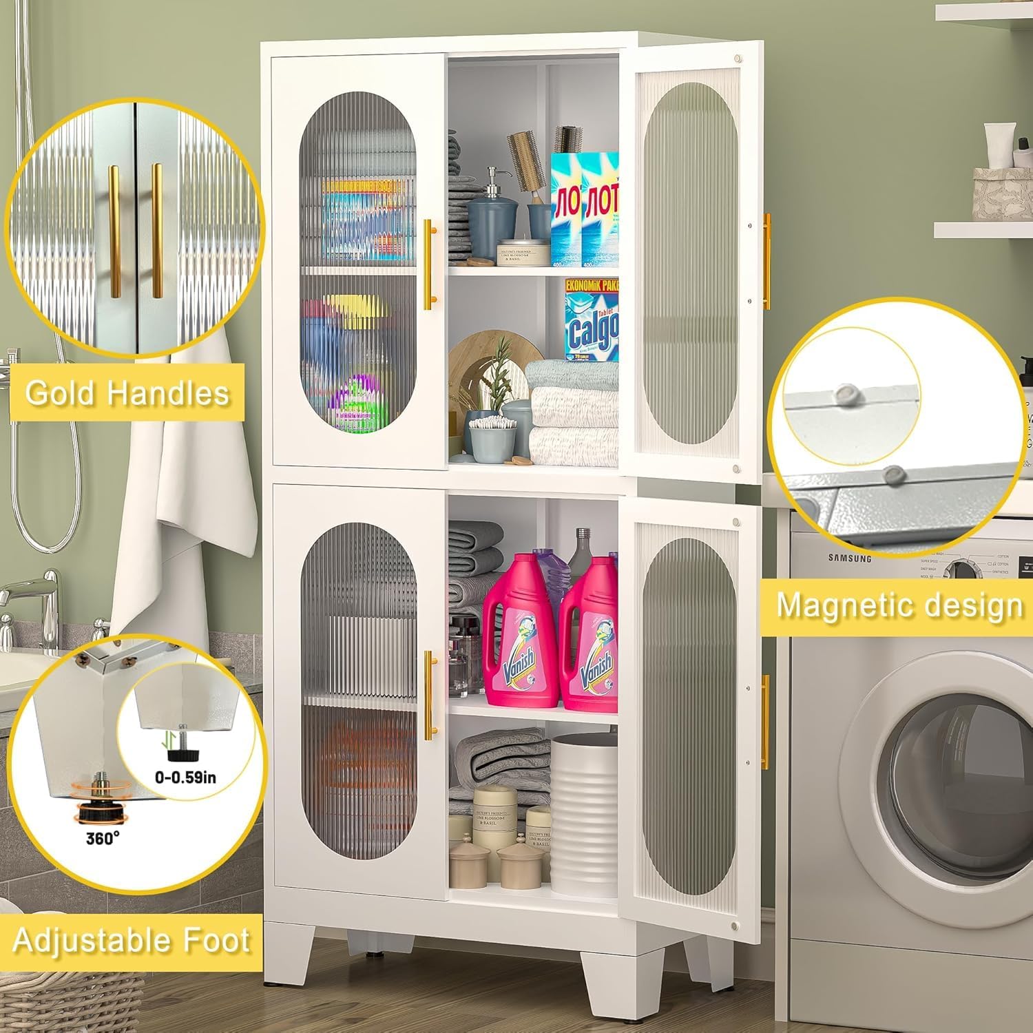 61" Pantry Storage Cabinet, Pantry Cabinets with Acrylic Glass Doors and Adjustable Shelves, Metal Kitchen Pantry Cabinet for Kitchen, Living Room, Laundry Room and Dinning Room