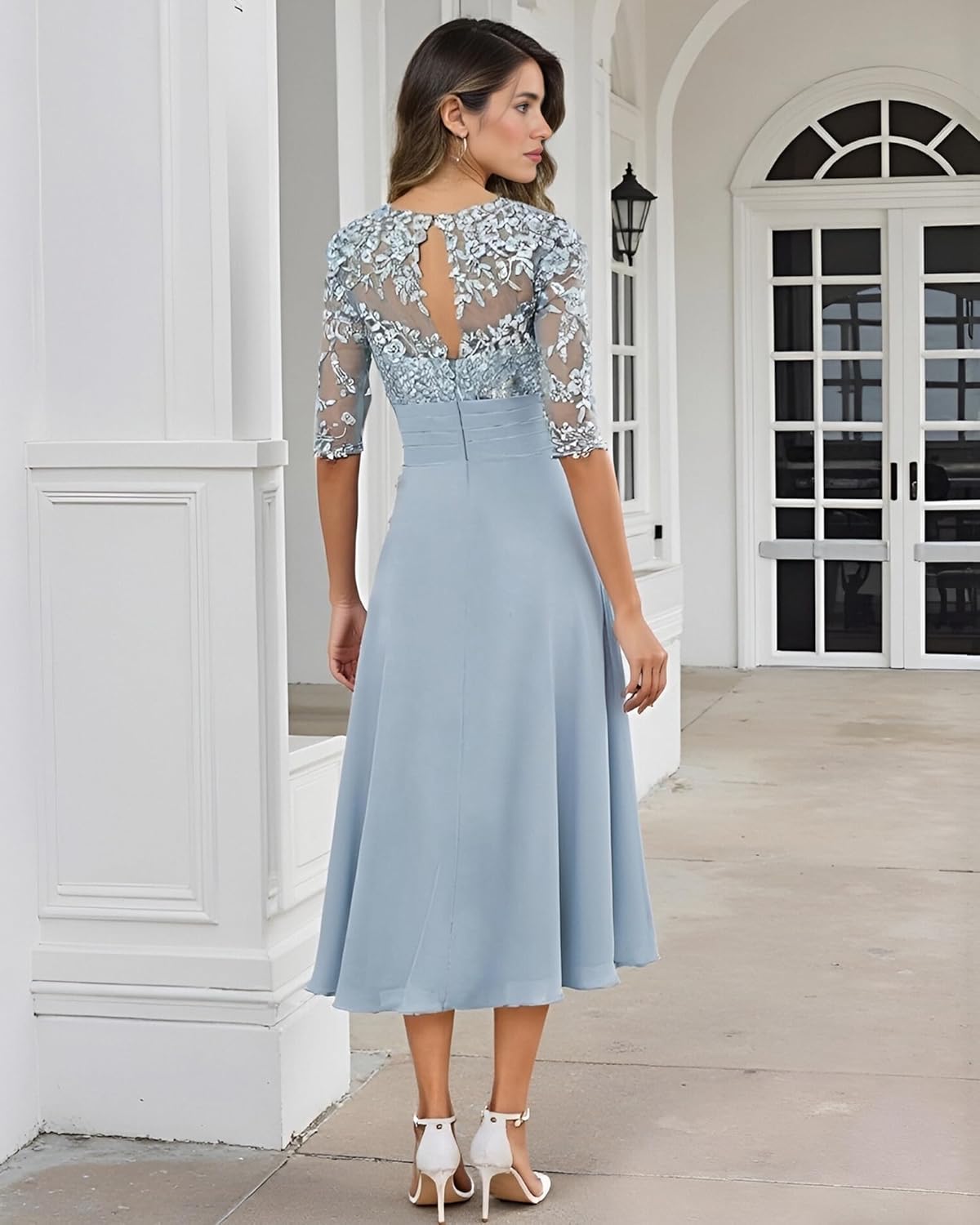 Chiffon Mother of The Bride Dresses - Tea Length Half Sleeve Ruffles Formal Wedding Guest Dress for Women - Image 3