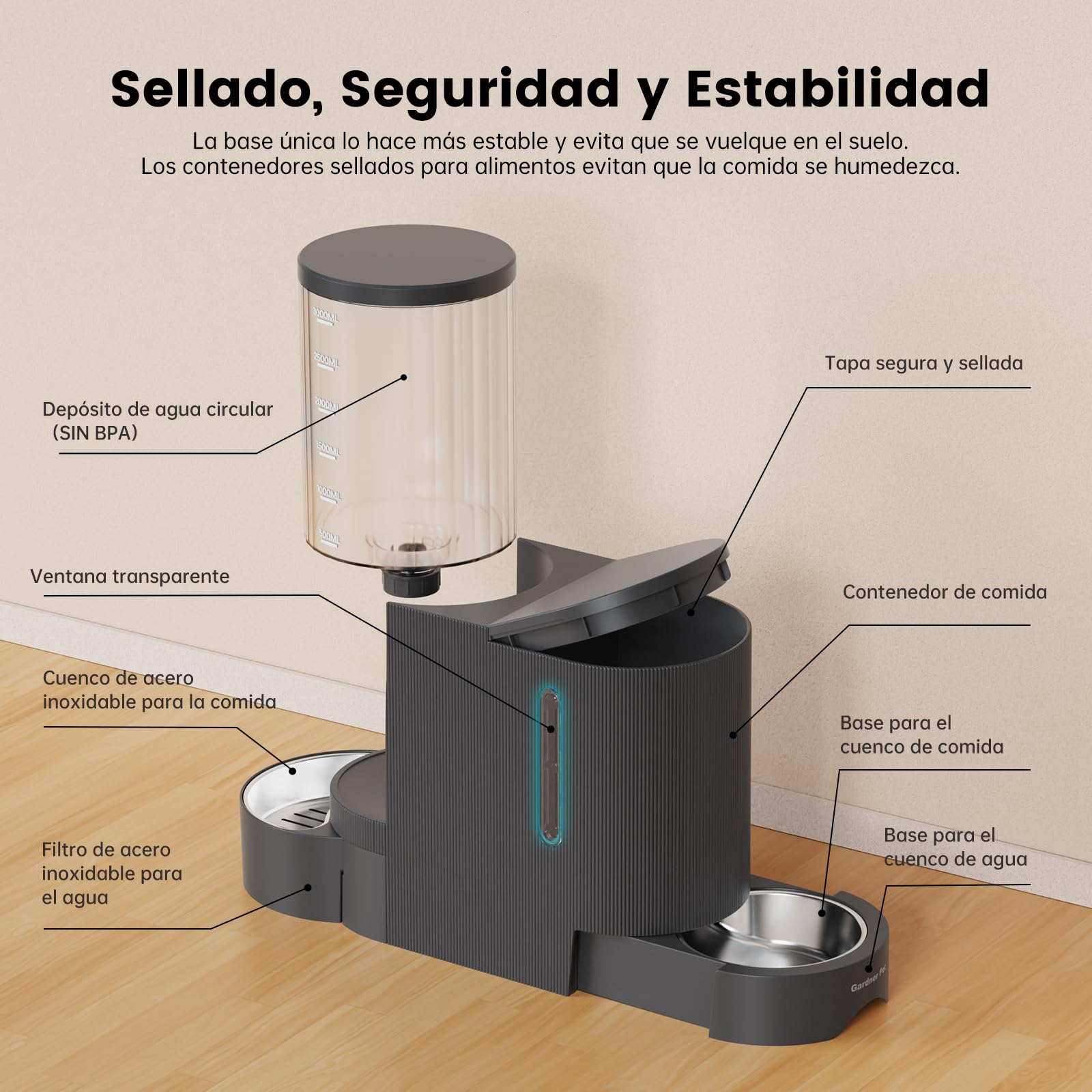 Gardner Pet 2 en 1 Comedero Gato Automatico 3L*2-Gris | Ángulo Ajustable y Cajón Extraíble,Dispensador Comida Gravedad,Dispensador Comida y Agua con Bol Acero Inoxidable